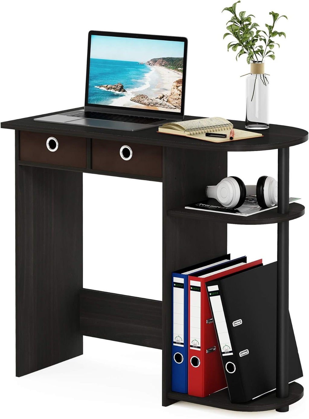 Furinno Go Green 32-Inch Black Computer Desk, Office Desk with 2 Side Shelves and Storage Bins, Rectangular Home Office Desk, Gaming Desk for Home Office, Bedroom, Study Room, Black Espresso