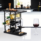 ALLCENER Modern Wine Rack Countertop, Matte Black 6 Bottle Wine Rack with Glass Holder, Metal Wine Holder Stand with Shelf & Corkscrew Tray for Home Bar & Kitchen