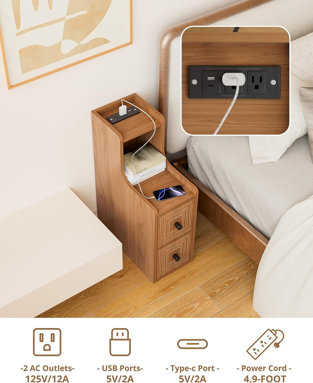 Set of 2 Narrow End Table with Charging Station, Wooden Slim Side Table with Storage, Mid Century Modern Nightstand with Drawers for Living Room, Walnut