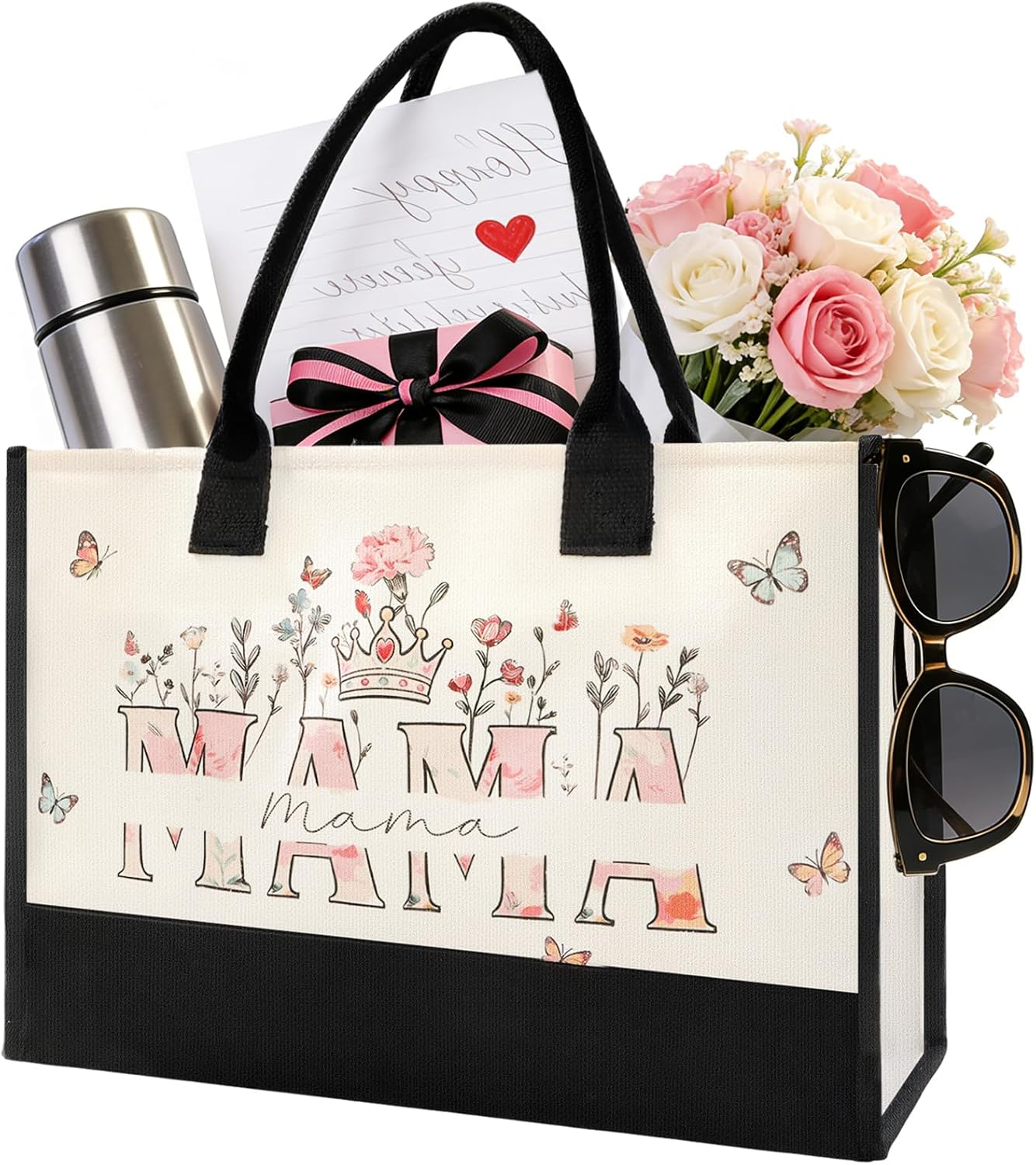 Mothers Day Gifts for Mom - Spacious Canvas Tote Bag for Women, Beautiful Floral Print New Mom Birthday Gifts, Sturdy Ties & Bottom Reusable Grocery Bags, Mama Gift for Shopping Beach Travel Work