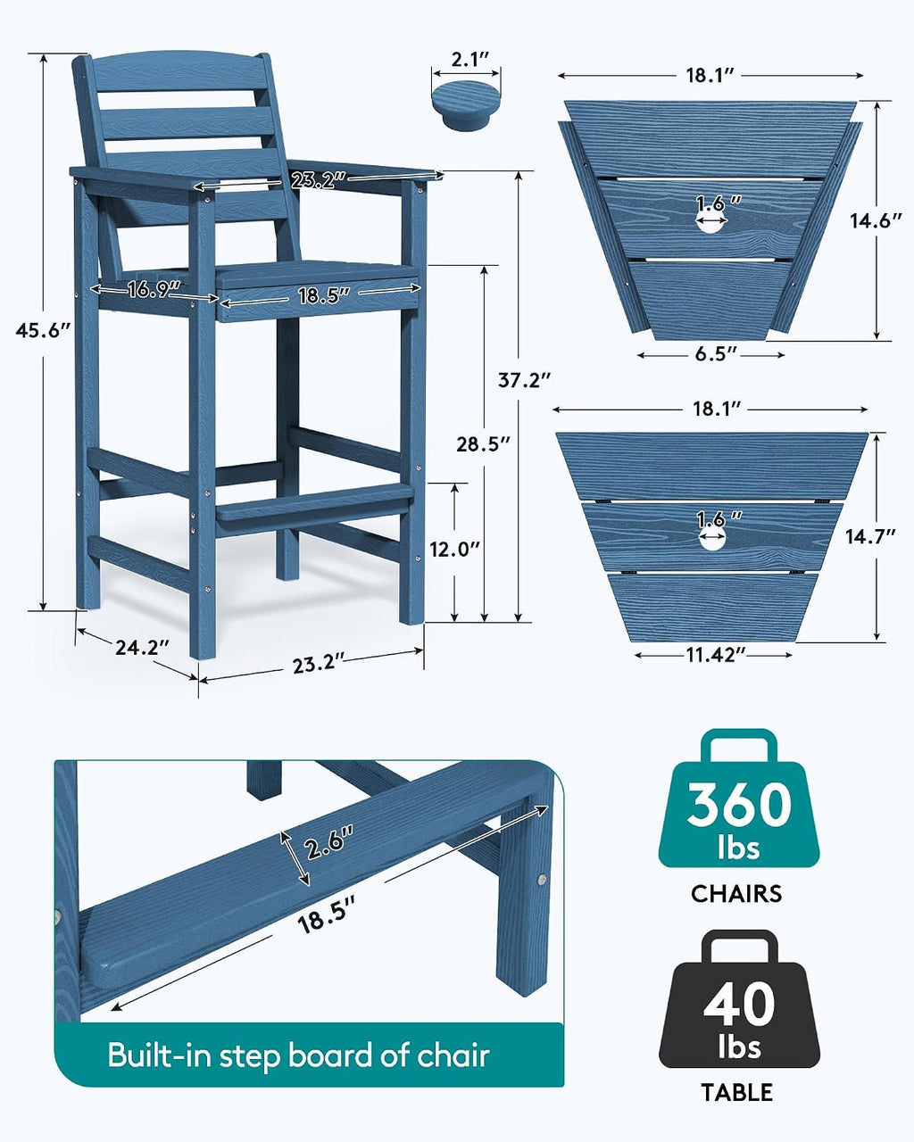 SERWALL Tall Adirondack Chairs Set of 2 with Connecting Table, Blue