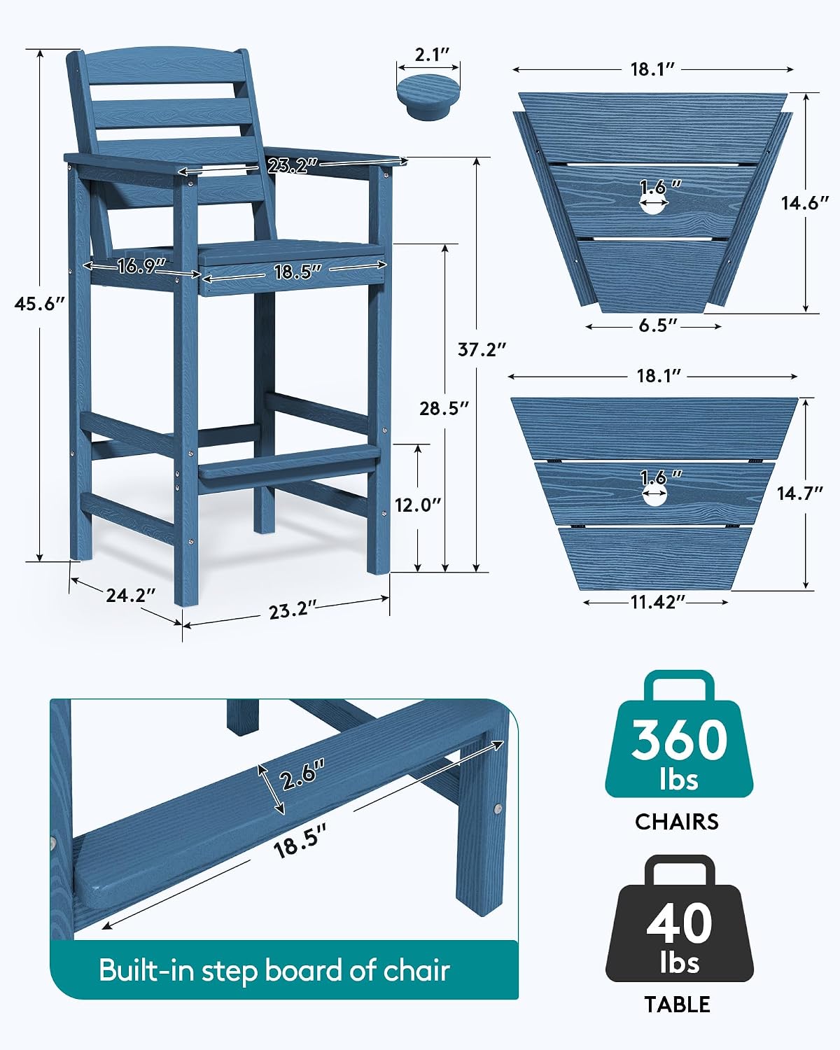 SERWALL Tall Adirondack Chairs Set of 2 with Connecting Table, Blue