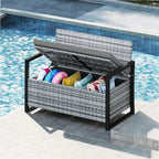 Gray Rustic PE Rattan Outdoor Storage Bench 24.5x46x33.5in, 800lb Capacity, 40 Gal Under-Seat, Weather-Resistant for Patio
