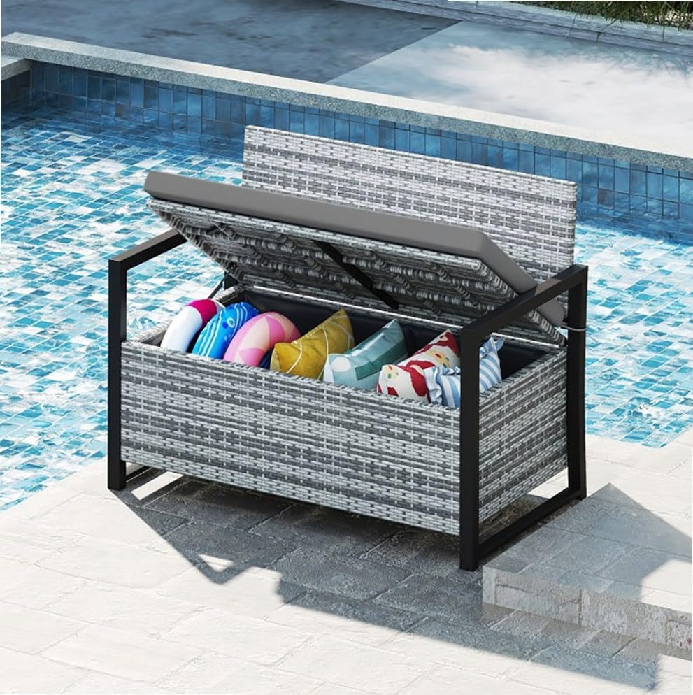 Gray Rustic PE Rattan Outdoor Storage Bench 24.5x46x33.5in, 800lb Capacity, 40 Gal Under-Seat, Weather-Resistant for Patio