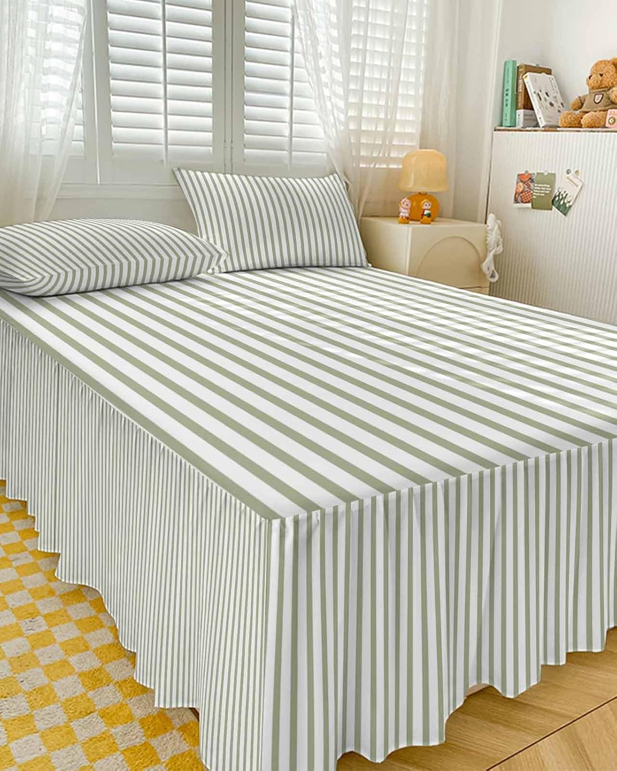 Ruffle Skirt Bedspread for King Size Bed Farmhouse Sage Green Stripe 3 Piece Bedding Cover with Pillow Sham,18In Drop Bedskirt Coverlet for Bedroom Dorm Modern Vertical Line