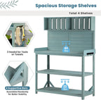 P PURLOVE 65" Large Wooden Rustic Outdoor Potting Bench Table, Patio Workstation, Garden Plant Lawn Patio Bench Shelf with 4 Storage Shelves and Side Hook