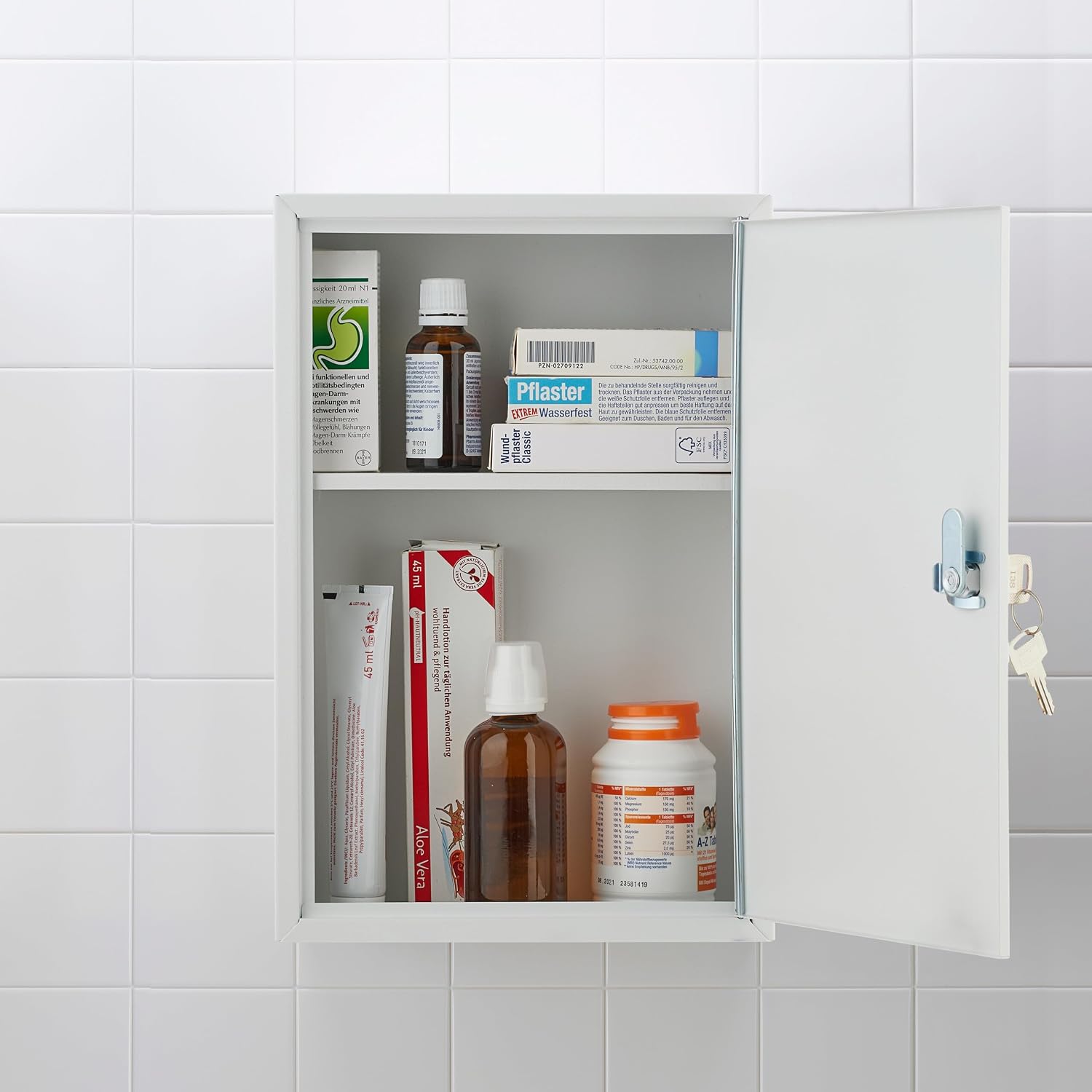 Relaxdays Medicine Cabinet, Lockable, 2 Compartments, 32 x 21.5 x 9.5 cm, Wall Mounted, First Aid, Metal, White/Green, Iron