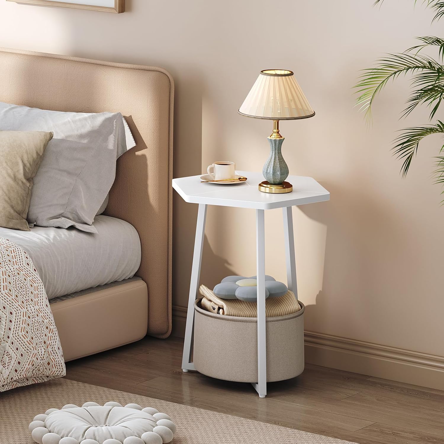 MAHANCRIS Small Side Table, Round End Table with Storage Basket, Modern Nightstand for Small Space, Hexagonal Bedside Table, Couch Side Table for Living Room, Bedroom, White ETWT9901