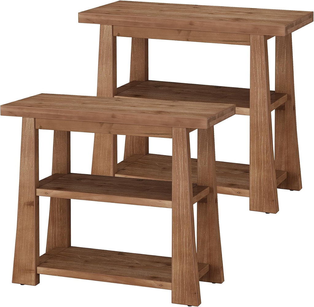 27.55 Inches Solid Wood End Table Set of 2, Rustic Nightstand with Open Storage Shelves, 3-Tier Narrow Sofa Side Table for Living Room, Bedroom, Small Spaces