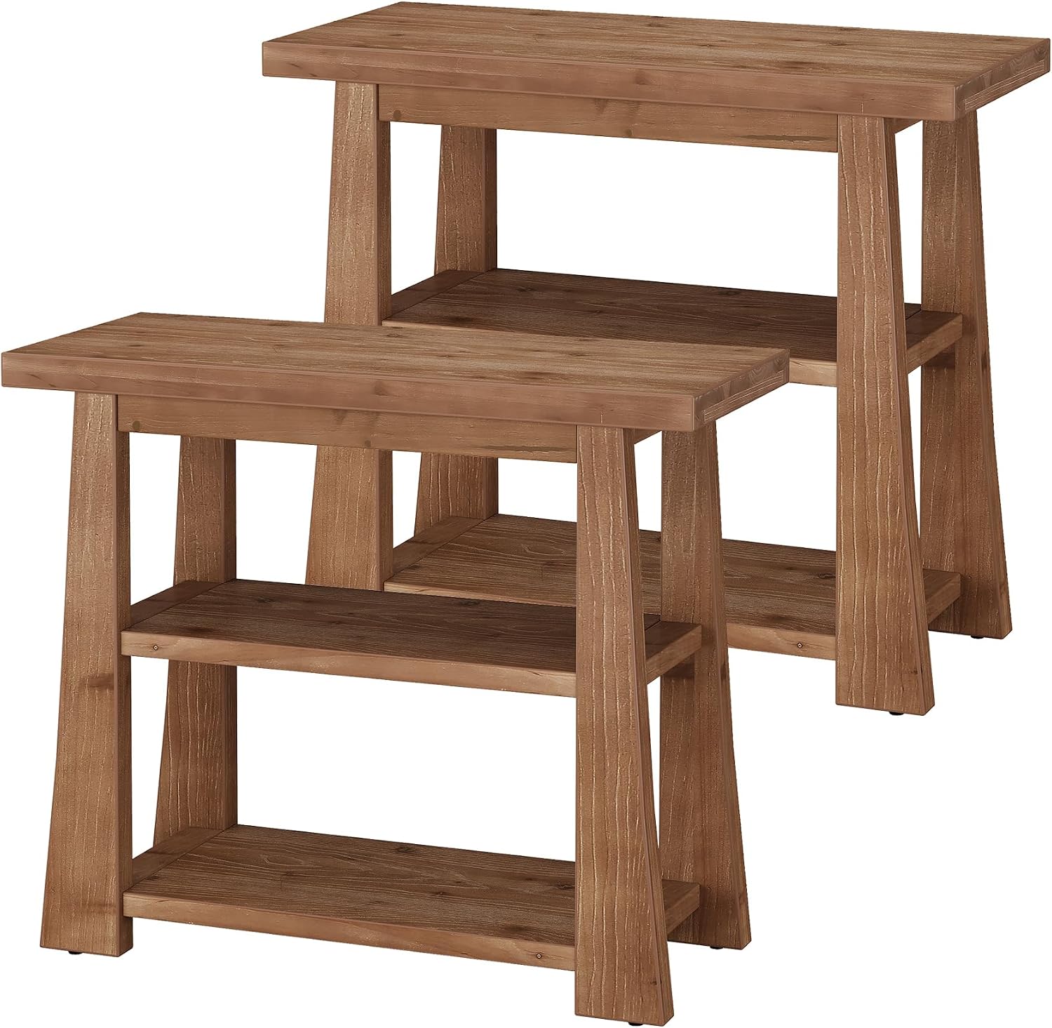 27.55 Inches Solid Wood End Table Set of 2, Rustic Nightstand with Open Storage Shelves, 3-Tier Narrow Sofa Side Table for Living Room, Bedroom, Small Spaces