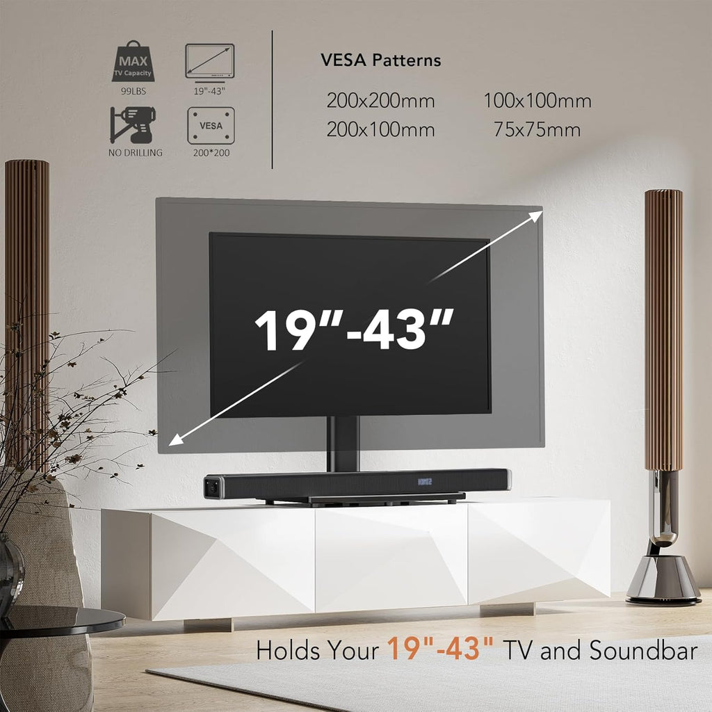 Universal Swivel TV/Table Top TV Stand for 19 to 43 inch TVs with 90 Degree Swivel, 4 Level Height Adjustable, Heavy Duty Tempered Glass Base, Holds up to 99LBS HT02B-001