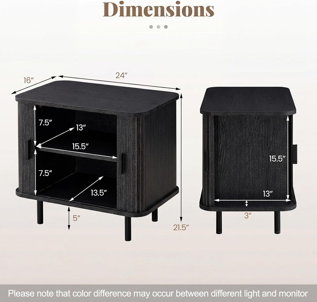 Giantex 24’’ Large End Table Set of 2, Mid Century Modern Nightstand w/Fluted Sliding Doors & Storage Shelves, Farmhouse Accent Bedside Night Stand, Wood Sofa Side Table for Living Room Bedroom, Black