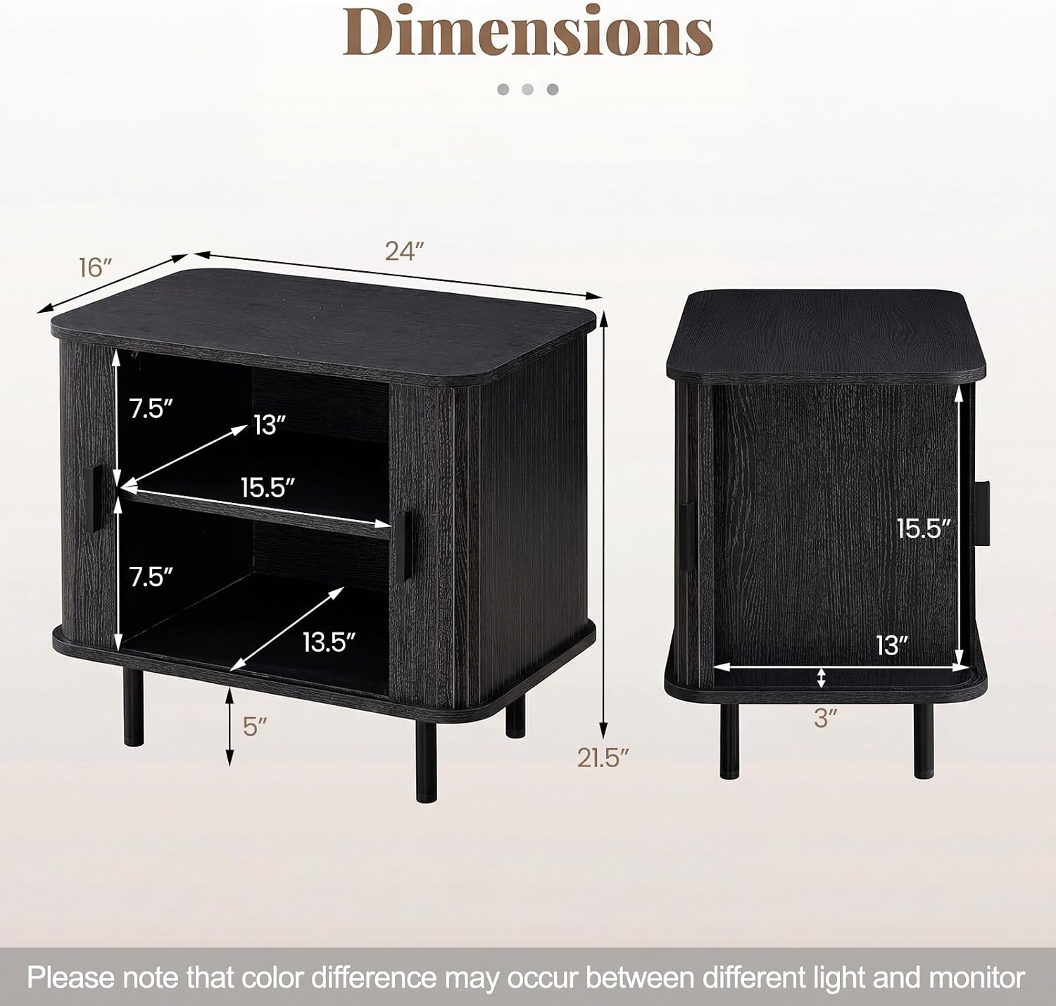 Giantex 24’’ Large End Table Set of 2, Mid Century Modern Nightstand w/Fluted Sliding Doors & Storage Shelves, Farmhouse Accent Bedside Night Stand, Wood Sofa Side Table for Living Room Bedroom, Black