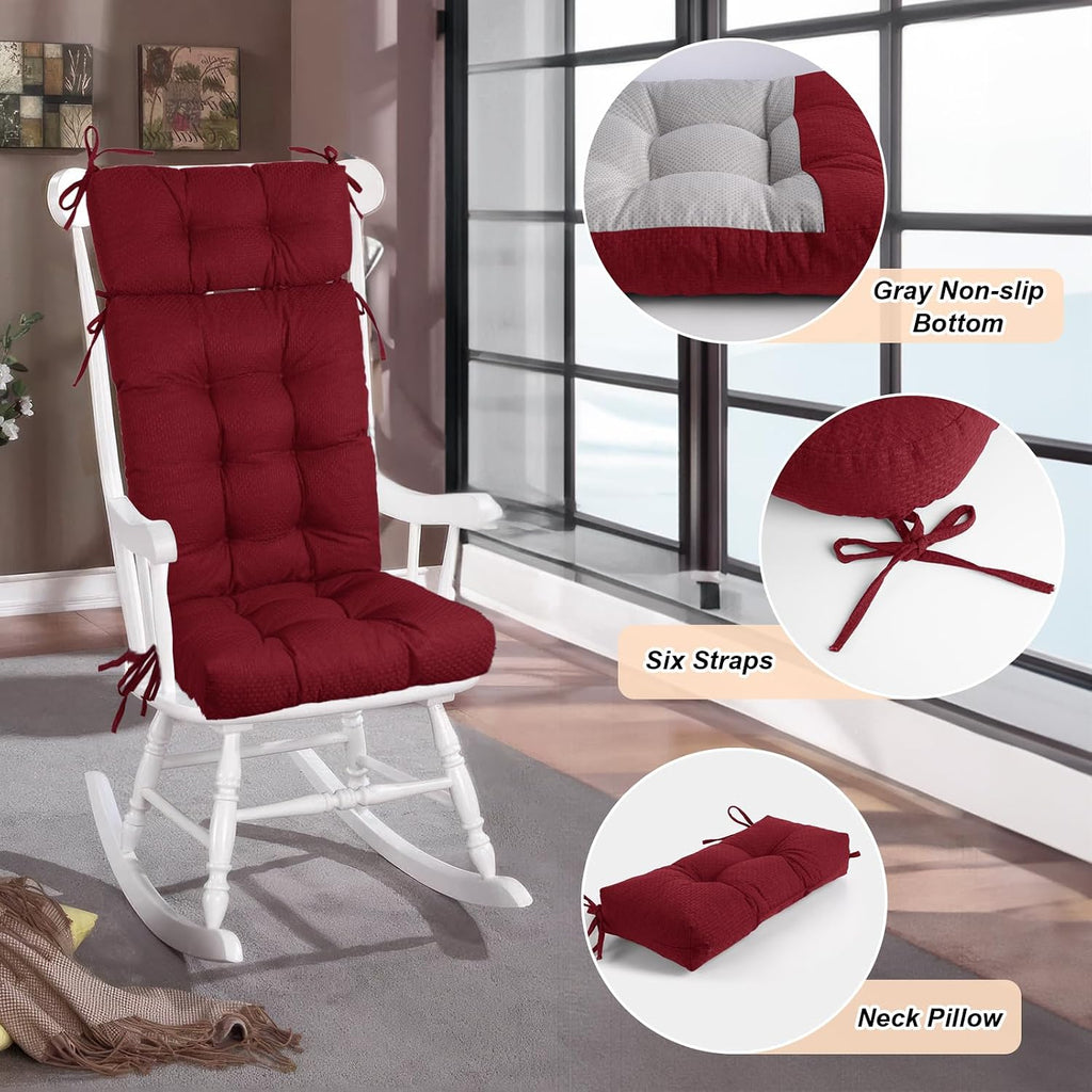 Rocking Chair Cushions Indoor High Back Set - Sackcloth Fabric, High-Density Sponge, Durable Comfort Non-Slip Bottom Tufted Seat Pads with Ties, Sackcloth︱Red, 52x19x4 inch