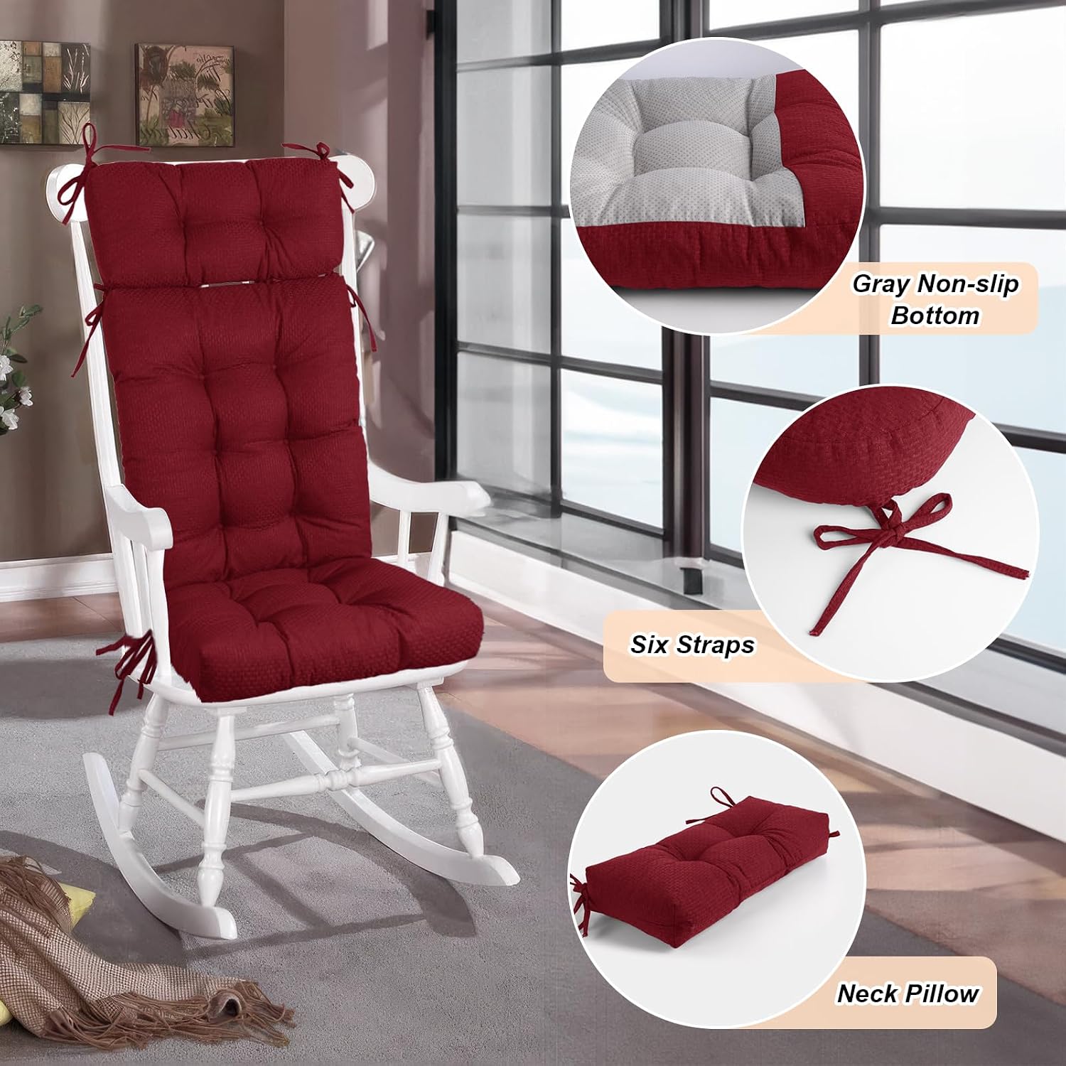 Rocking Chair Cushions Indoor High Back Set - Sackcloth Fabric, High-Density Sponge, Durable Comfort Non-Slip Bottom Tufted Seat Pads with Ties, Sackcloth︱Red, 52x19x4 inch