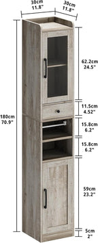 IRONCK Tall Bathroom Cabinet with Drawer and Door, 71" H Slim Freestanding Narrow Storage Cabinet with Adjustable Shelves, Retractable Toilet Paper Rod, for Small Spaces, 11.8" W Rustic Maple