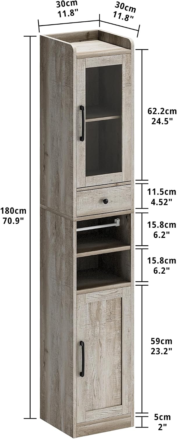IRONCK Tall Bathroom Cabinet with Drawer and Door, 71" H Slim Freestanding Narrow Storage Cabinet with Adjustable Shelves, Retractable Toilet Paper Rod, for Small Spaces, 11.8" W Rustic Maple