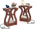 Giantex Narrow End Tables with Charging Station Set of 2, Wood Sofa Side Tables with Open Storage Shelves, Bedside Tables with USB Ports & Outlets, Vintage Nightstands for Living Room, Bedroom, Cherry