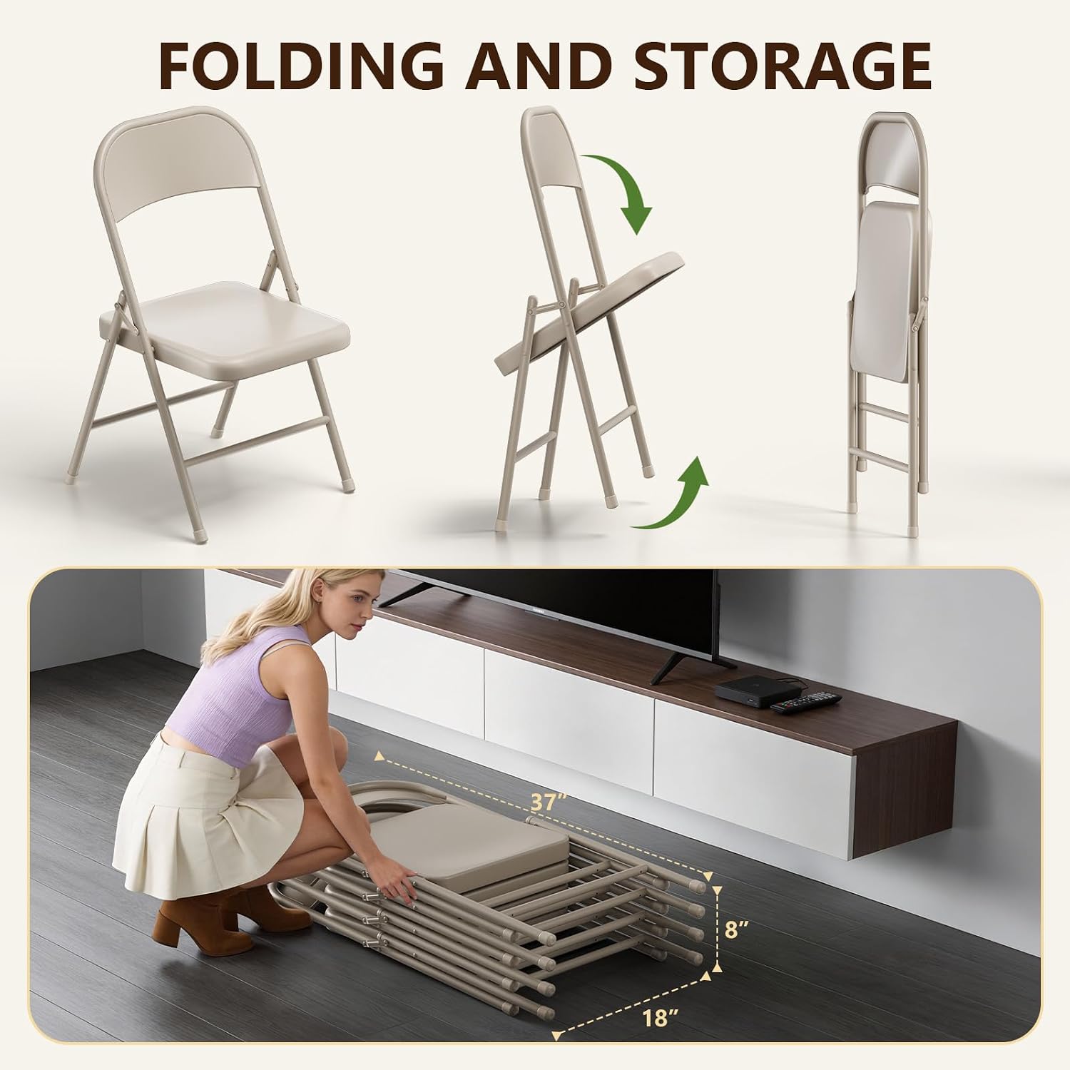 4 Pack Folding Chairs, Heavy Duty Metal Foldable Chairs, Indoor Outdoor Lightweight Folding Chair, Event Chair for Wedding Party Banquet Church, Folding Dining Chair Load Capacity 360Lbs (Khaki)
