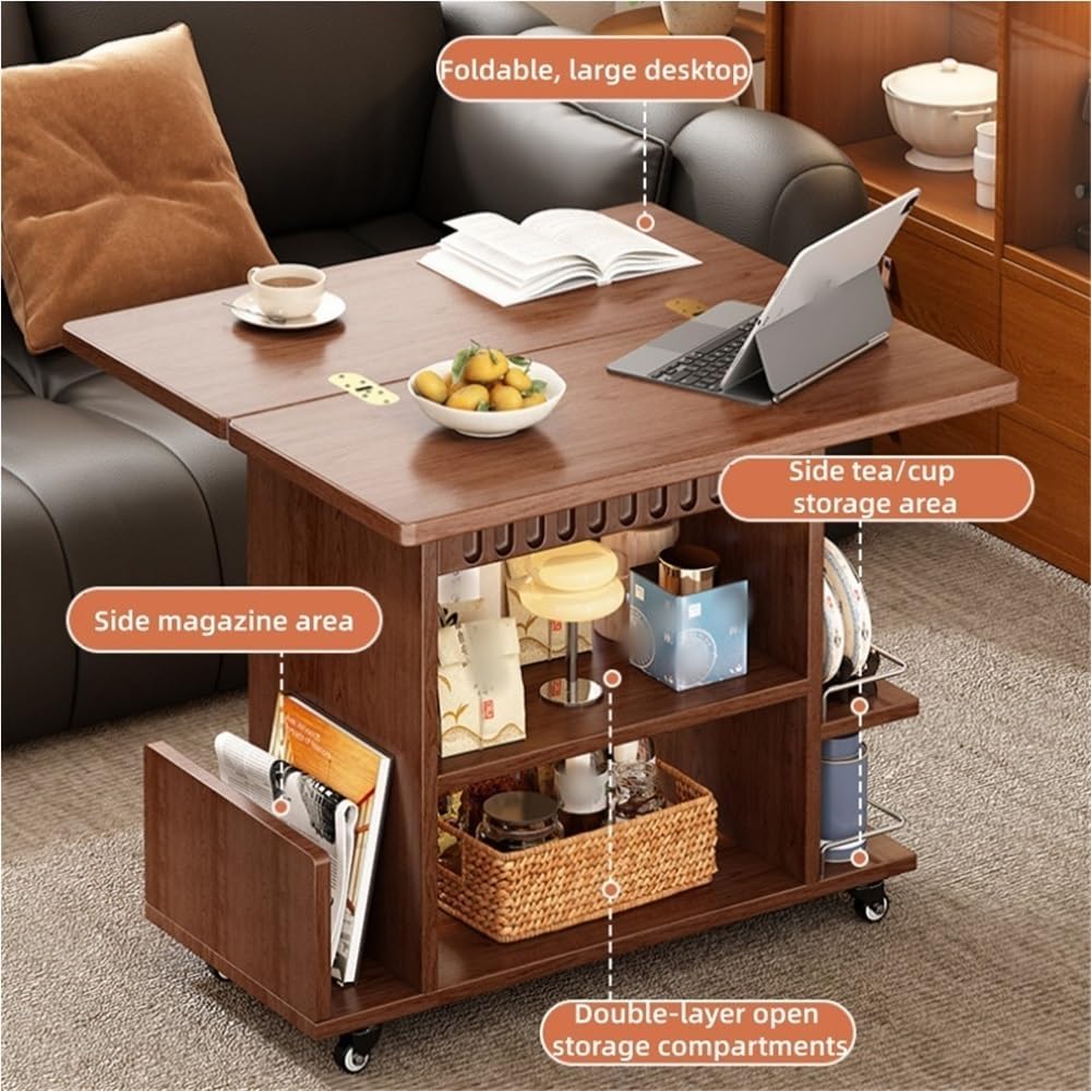 Wooden Side Table with Wheels, Large Capacity Storage End Table, 3 Tier Rolling Cart, Small Couch Table Suitable for Balcony, Living Room and Bedroom