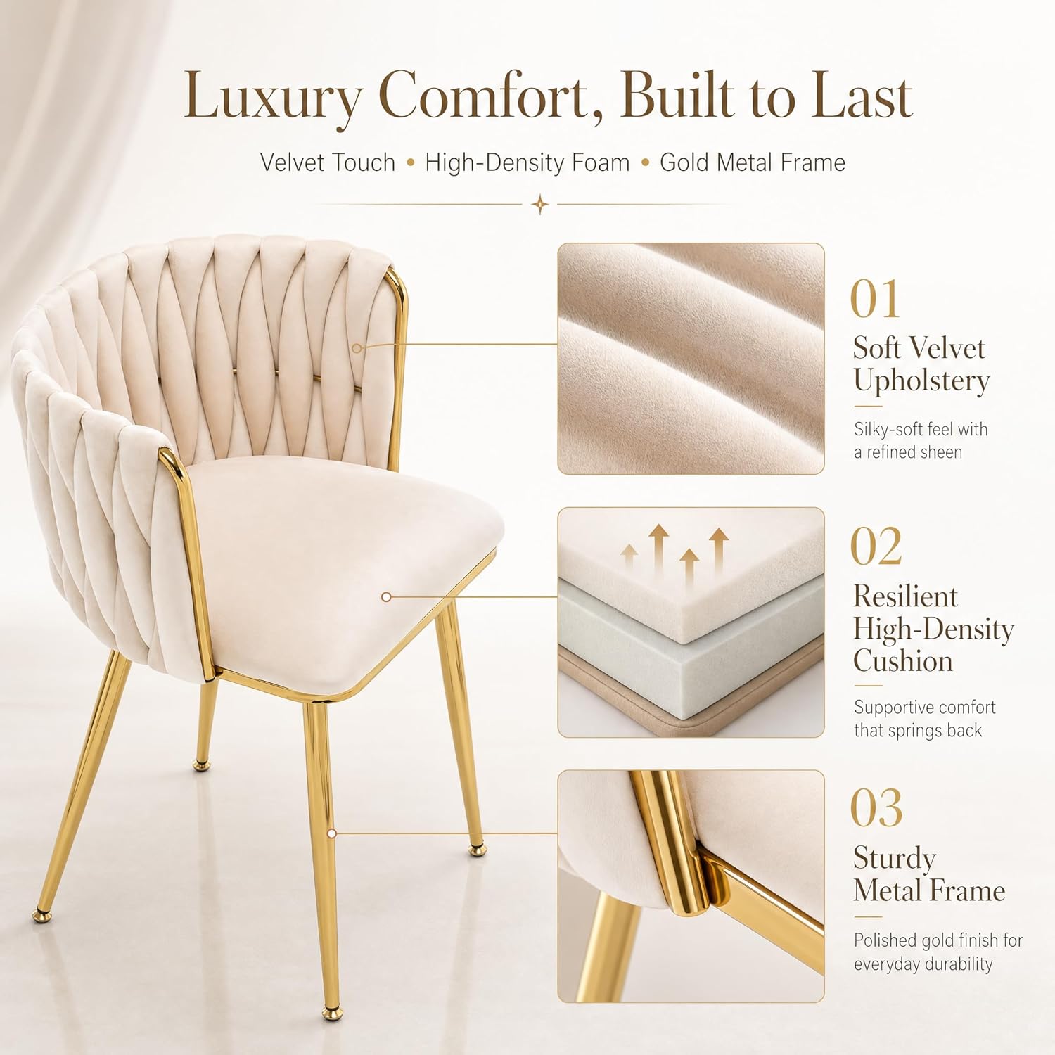 Dining Chairs Set of 6 Upholstered Dining Room Chairs Comfy Velvet Accent Chairs with Gold Metal Legs and Woven Back for Dining Room Kitchen Living Room (Beige)