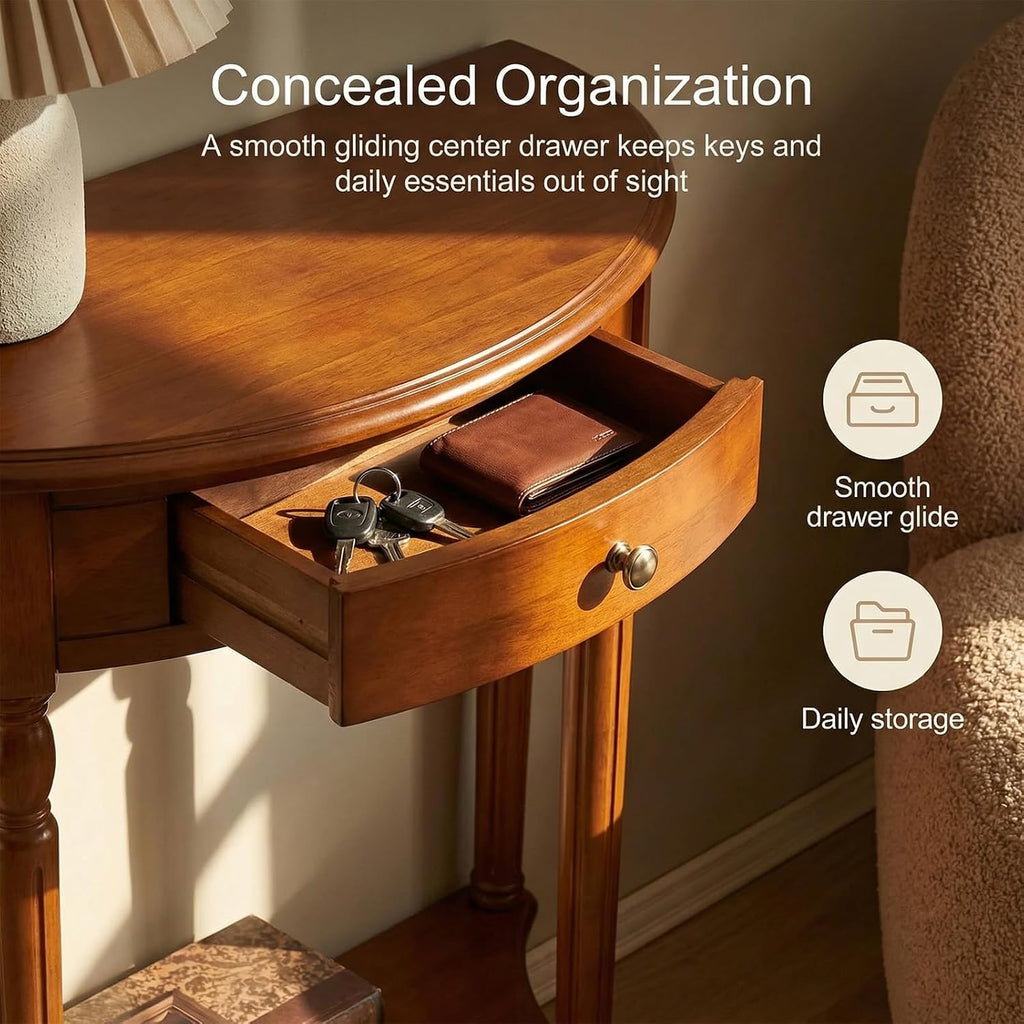 Solid Wood Half Moon Console Table with Drawer – Entryway Accent Table with Storage for Living Room、Foyer、Bedroom or Hallway, Dark Walnut