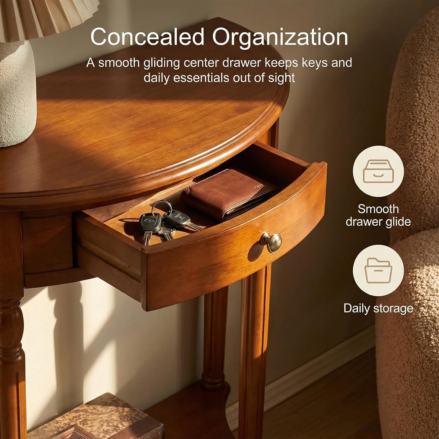 Solid Wood Half Moon Console Table with Drawer – Entryway Accent Table with Storage for Living Room、Foyer、Bedroom or Hallway, Dark Walnut