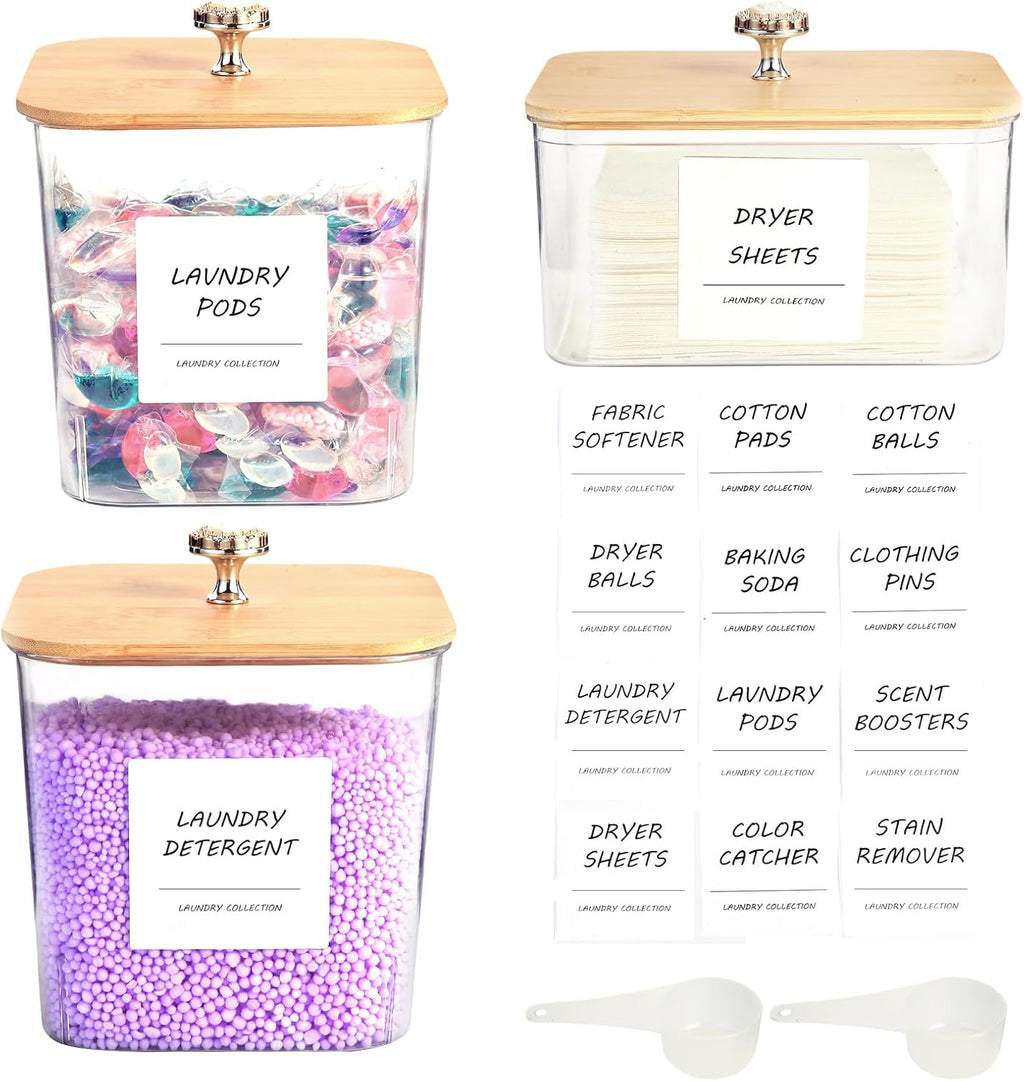 3 Pack Laundry Room Organization Storage Containers, Plastic Clear Laundry Pods Container & Dryer Sheet Holder Jars with Lids, Scoops & Labels for Detergent, Powder, Dryer Balls, Beads