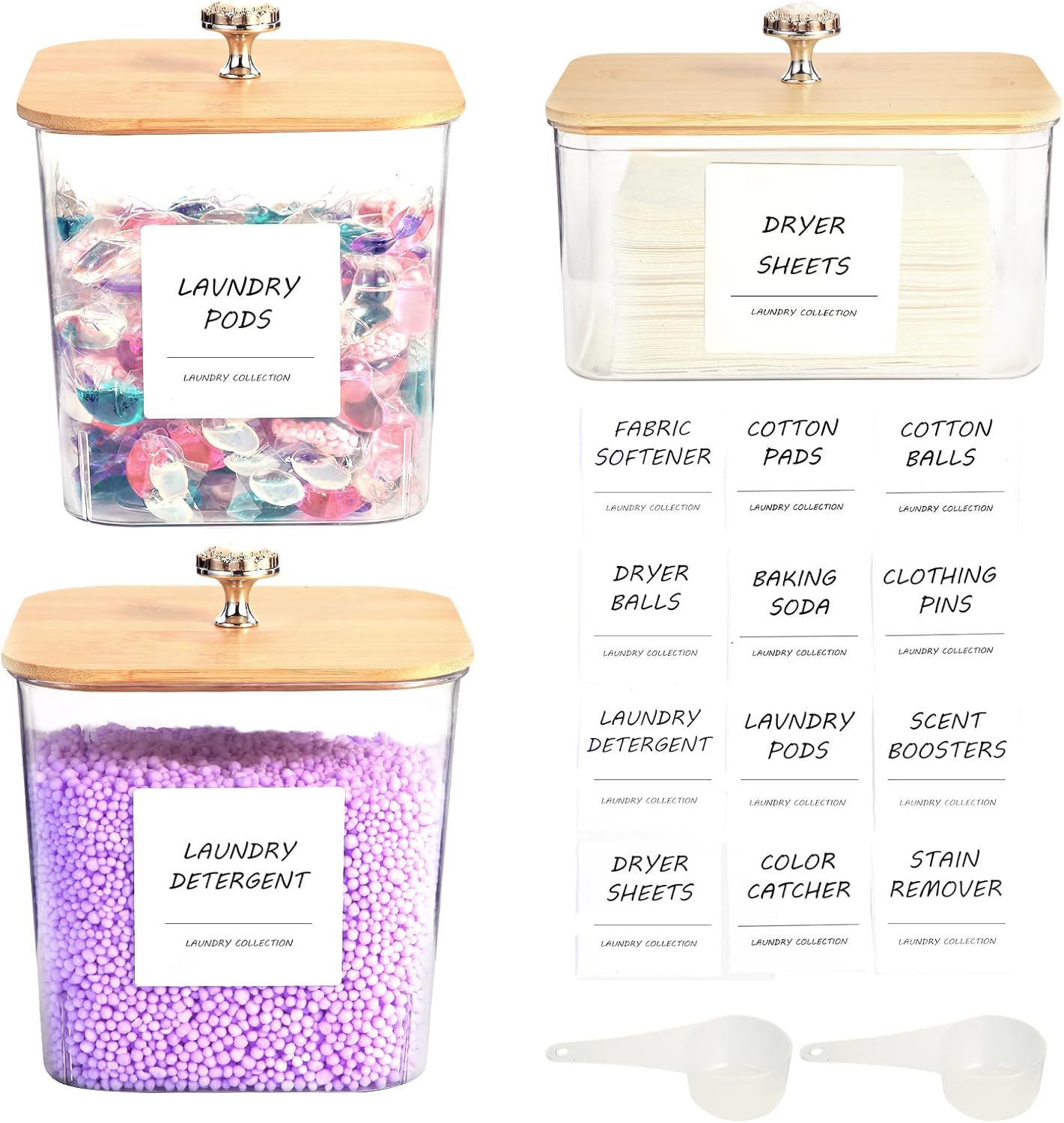 3 Pack Laundry Room Organization Storage Containers, Plastic Clear Laundry Pods Container & Dryer Sheet Holder Jars with Lids, Scoops & Labels for Detergent, Powder, Dryer Balls, Beads