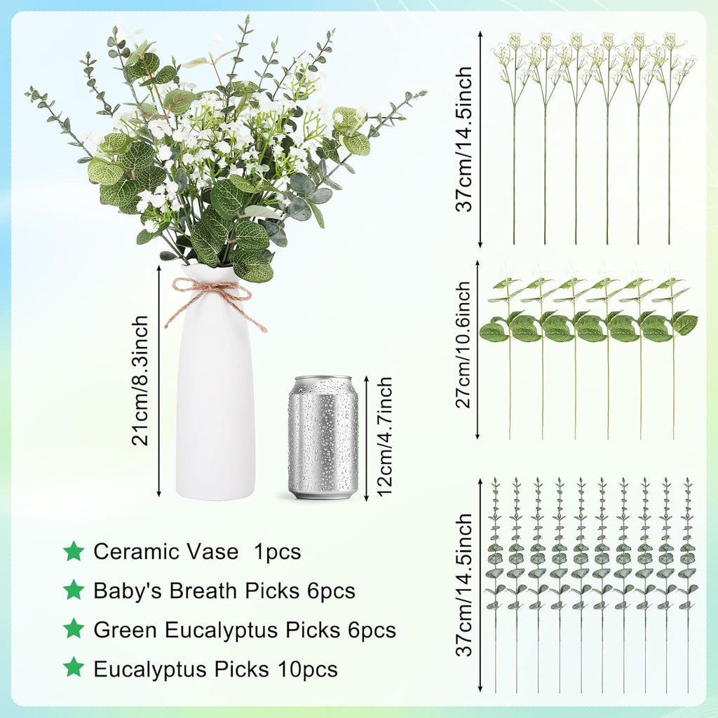 Artificial Flowers in Vase Set, Eucalyptus Stems and Baby’s Breath Bundle, Fake Plants Floral Arrangement with Ceramic Vase for Table Centerpiece Home Décor