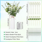 Artificial Flowers in Vase Set, Eucalyptus Stems and Baby’s Breath Bundle, Fake Plants Floral Arrangement with Ceramic Vase for Table Centerpiece Home Décor