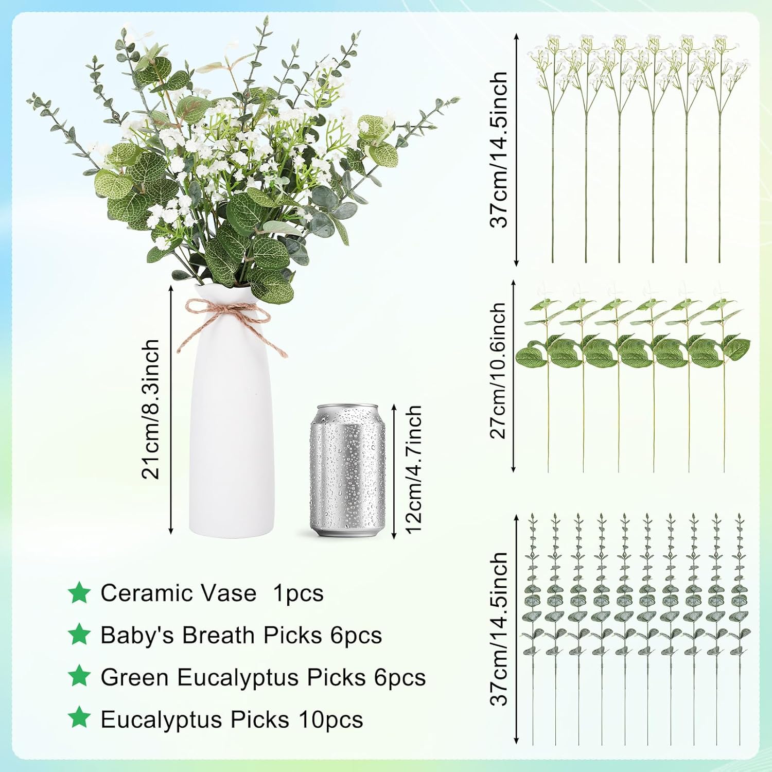 Artificial Flowers in Vase Set, Eucalyptus Stems and Baby’s Breath Bundle, Fake Plants Floral Arrangement with Ceramic Vase for Table Centerpiece Home Décor