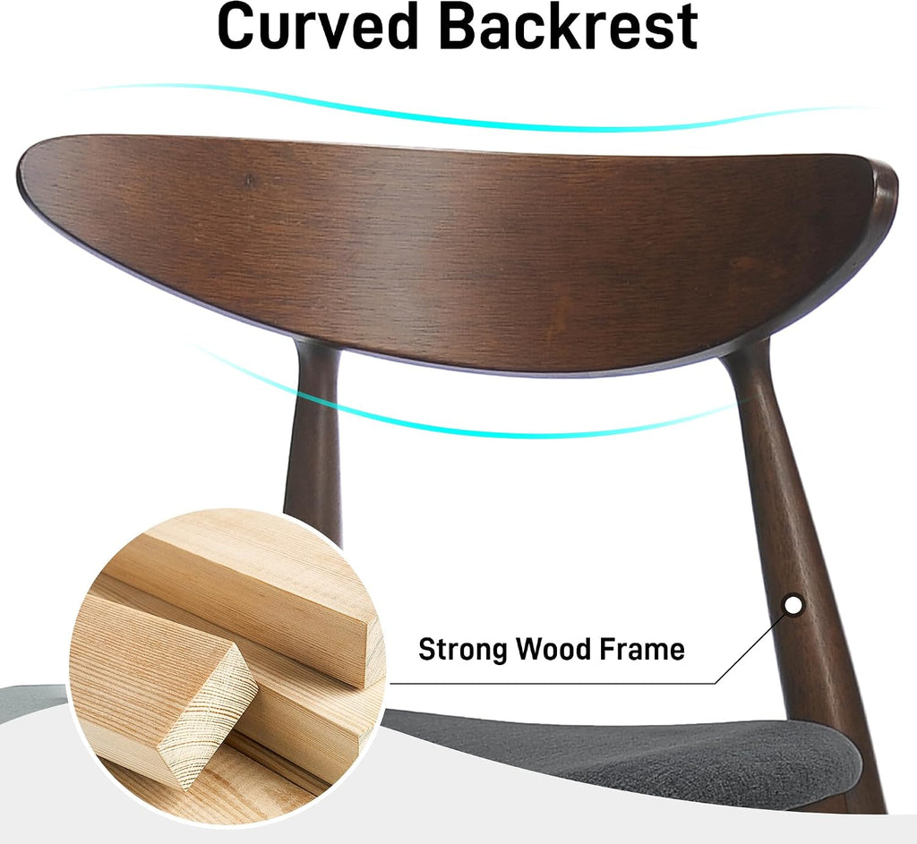 Solid Rubberwood Dining Chairs Set of 4, Mid-Century Modern Chair with Ergonomic Curved Backrest, Walnut Frame and Black Polyurethane Foam Padded Seat