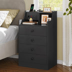 ADORNEVE Nightstand with Charging Station & Hutch,Black | Tall Bedside Table with 4 Drawers,Charging Night Table,Night Stand for Bedroom,Bed Side Tables
