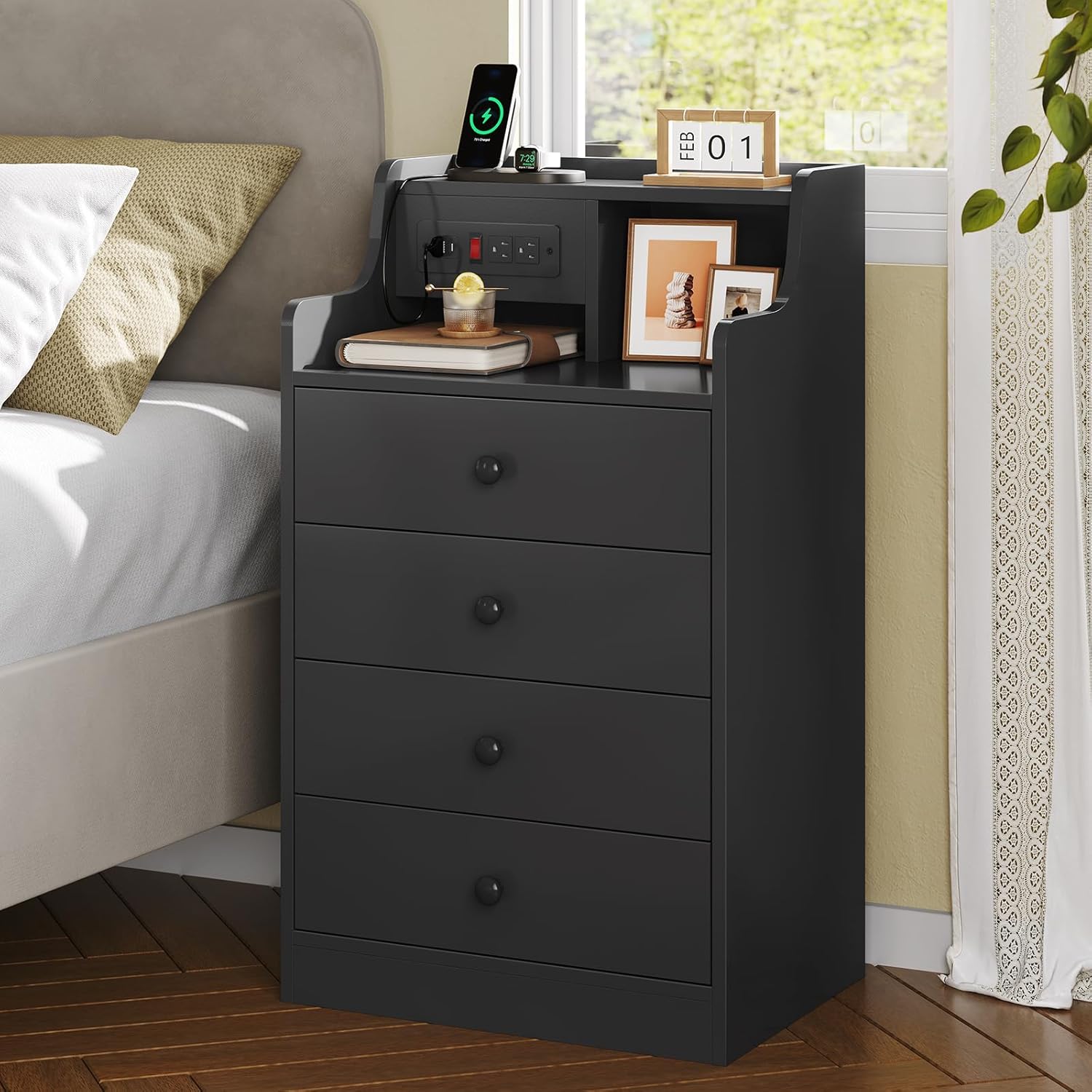ADORNEVE Nightstand with Charging Station & Hutch,Black | Tall Bedside Table with 4 Drawers,Charging Night Table,Night Stand for Bedroom,Bed Side Tables