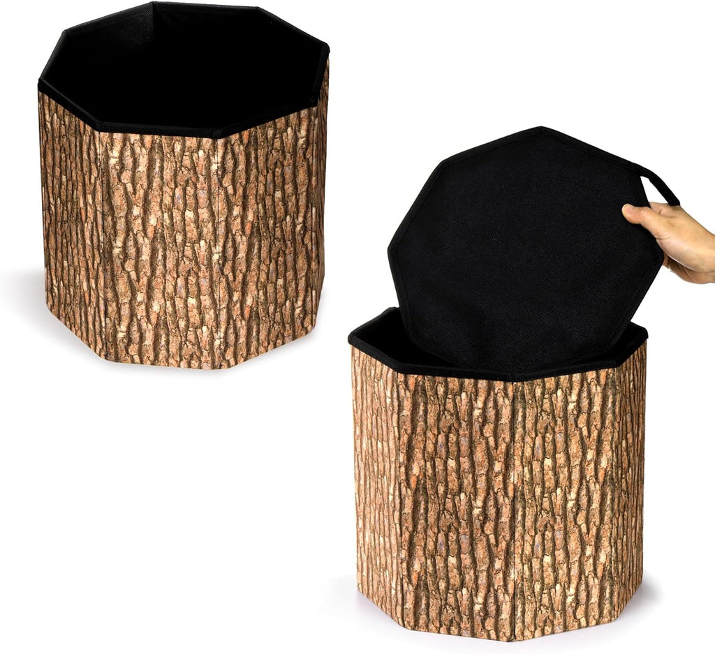 Lawei 3 Pack Tree Stump Storage Stools, 12 x 12 Inches Folding Stool Ottoman with Foam Cushion, Collapsible Storages Seat Chest, Vintage Storage Toy Box Wood Stump Organizer Stools for Toy