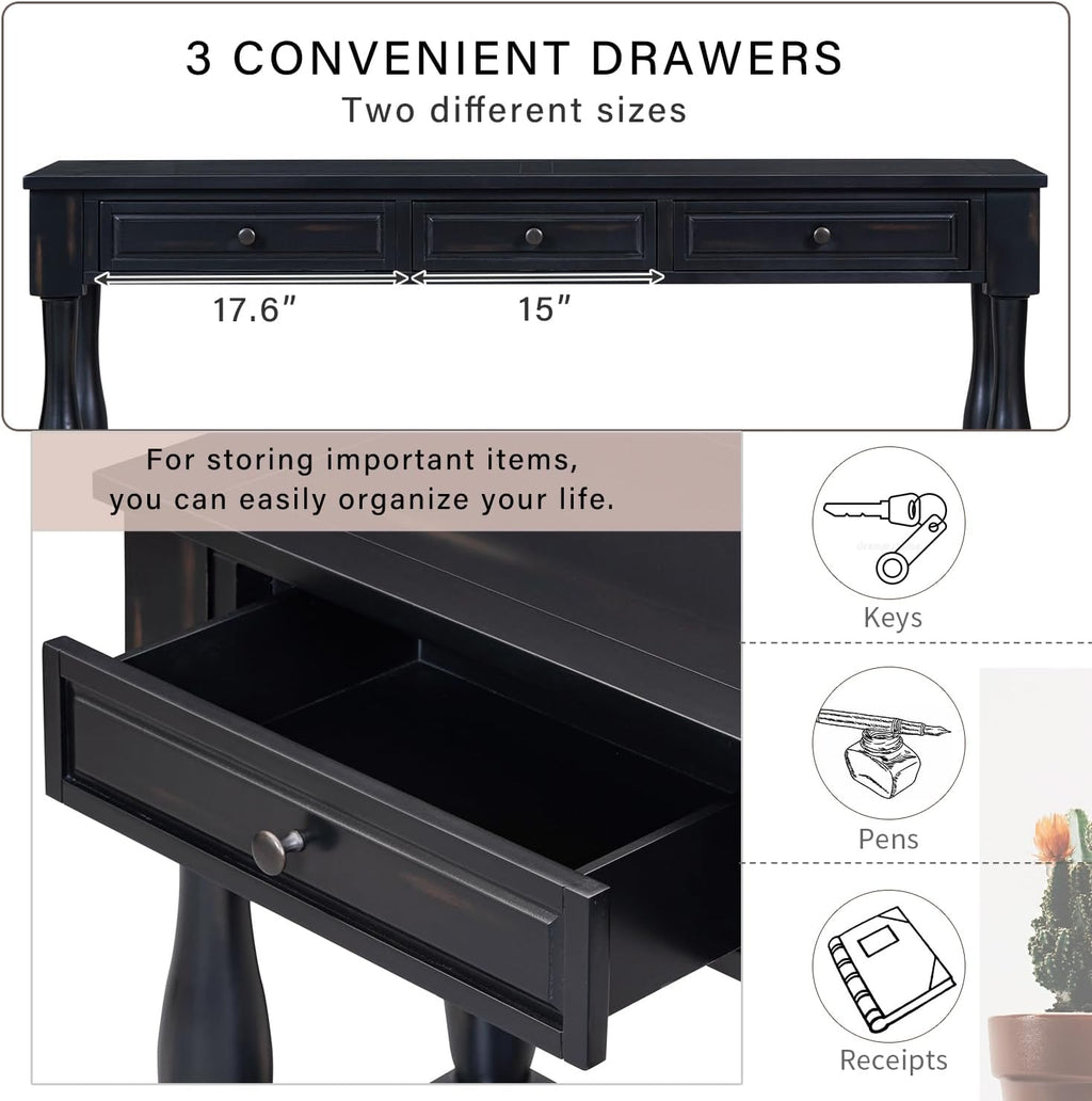 Knocbel Long Console Table with 3 Drawers & Bottom Open Shelf, Solid Wood Mediterranean Entry Sofa Table for Entryway Hallway Living Room, 63" W x 14.8" D x 30" H, Espresso