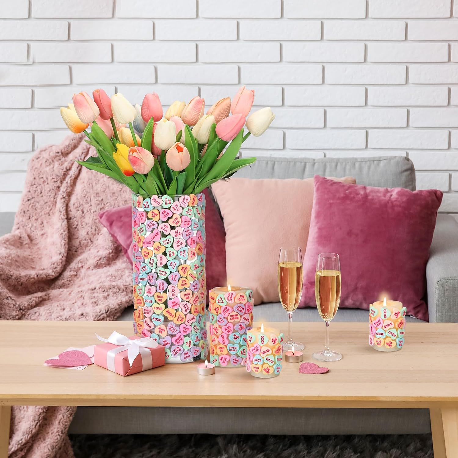 WinnerWhy 100 Pcs Conversation Hearts Vase Filler Resin for Candle Filler Candle Holder Floating Candles Candy Heart Centerpiece for Wedding Decor Macaron Color