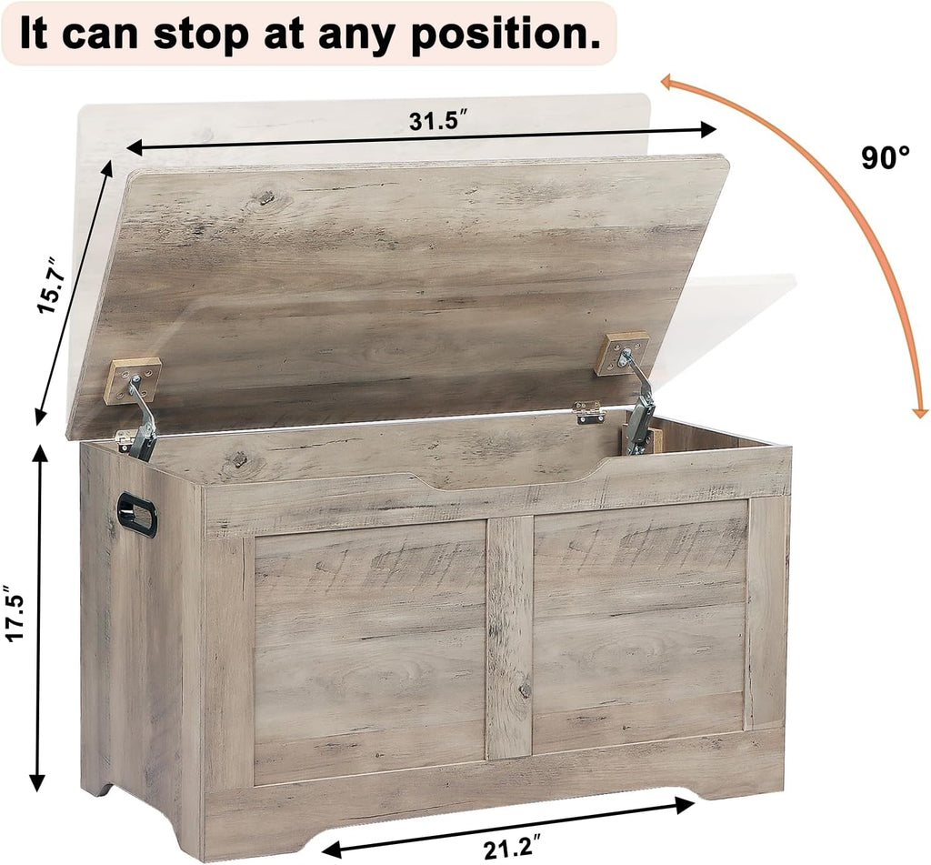Timberer 31.5" Storage Chest, Wooden Storage Bench, Lift Top Toy Chest with 2 Safety Hinges, Large Toy Box, Entryway Shoes Bench for Living Room, Bedroom, Grey