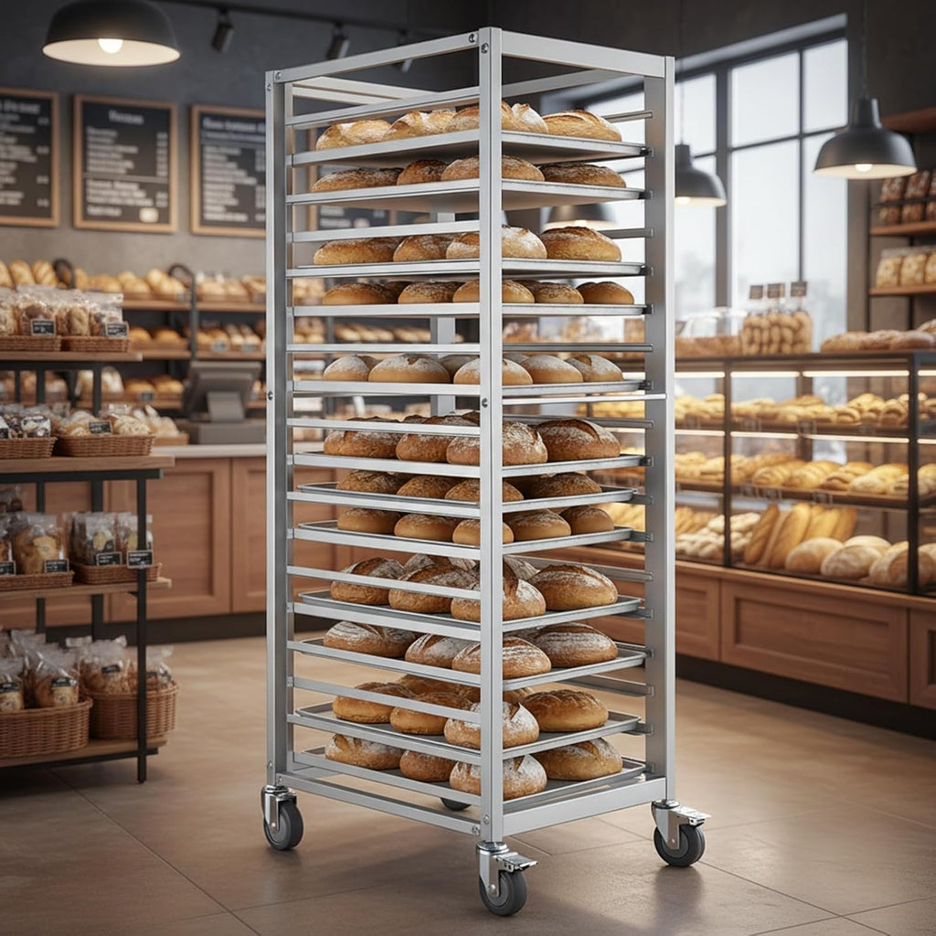 Bun Pan Rack,18 Tier Aluminum Commercial Bakery Racks with 4 Wheels, Home Commercial Kitchen Bakery Cooling Rack for Restaurant Cafeteria Pizzeria, 18.5" W x 24.6" Lx 70" H