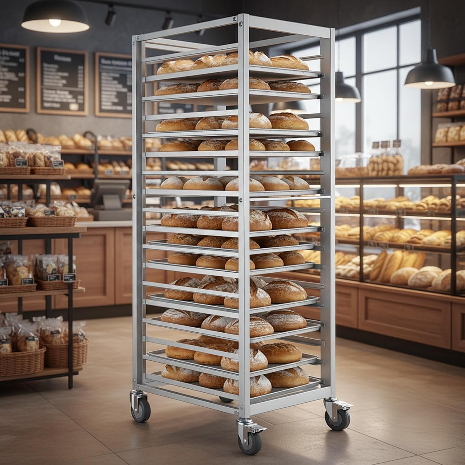 Bun Pan Rack,18 Tier Aluminum Commercial Bakery Racks with 4 Wheels, Home Commercial Kitchen Bakery Cooling Rack for Restaurant Cafeteria Pizzeria, 18.5" W x 24.6" Lx 70" H