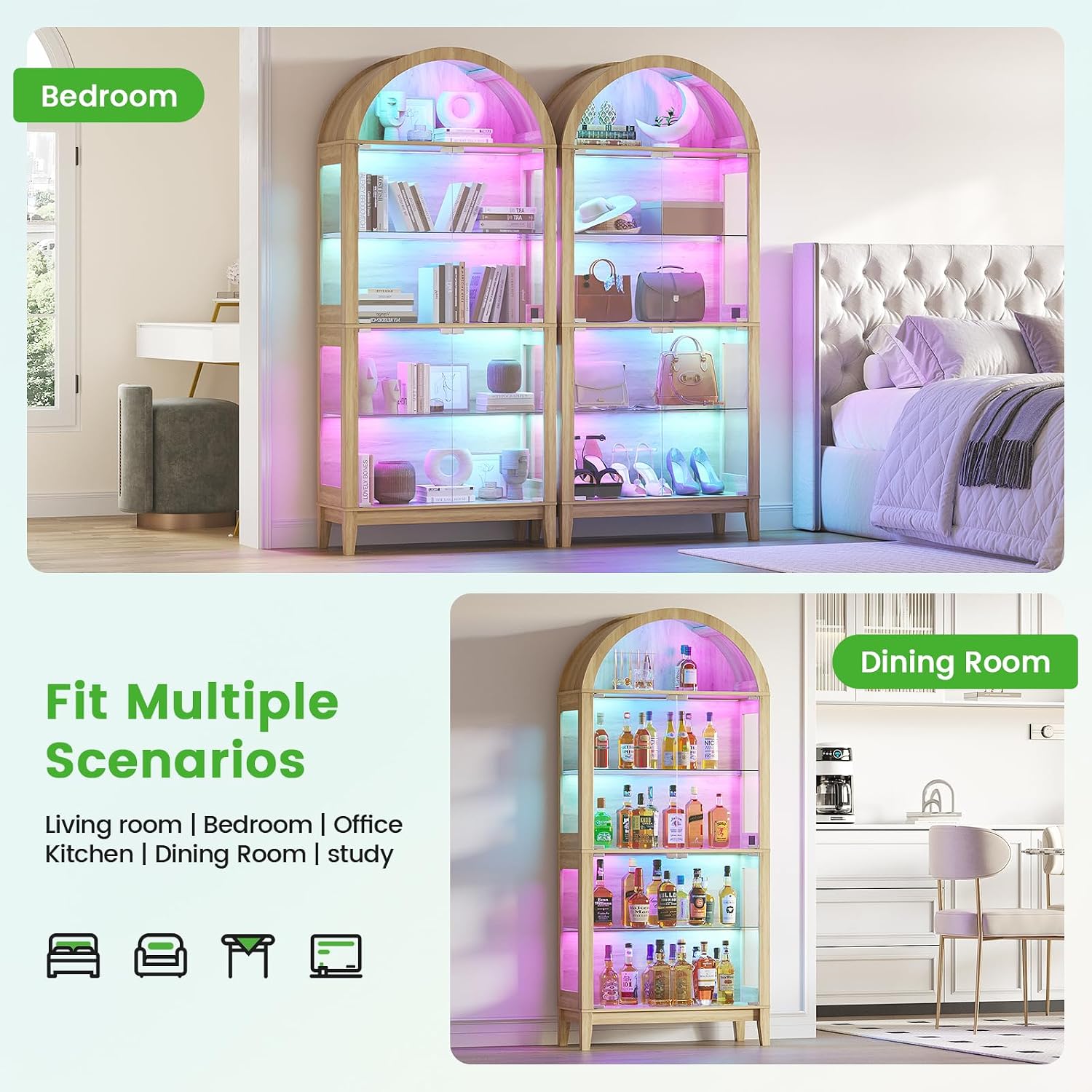 HNEBC Arched Display Case with RGB Lights, 69" Tall 5-Tier Tempered Glass Display Cabinet with Doors, LED Curio Cabinet with Shelf, Floor Standing Bookcase for Living Room(Natural)