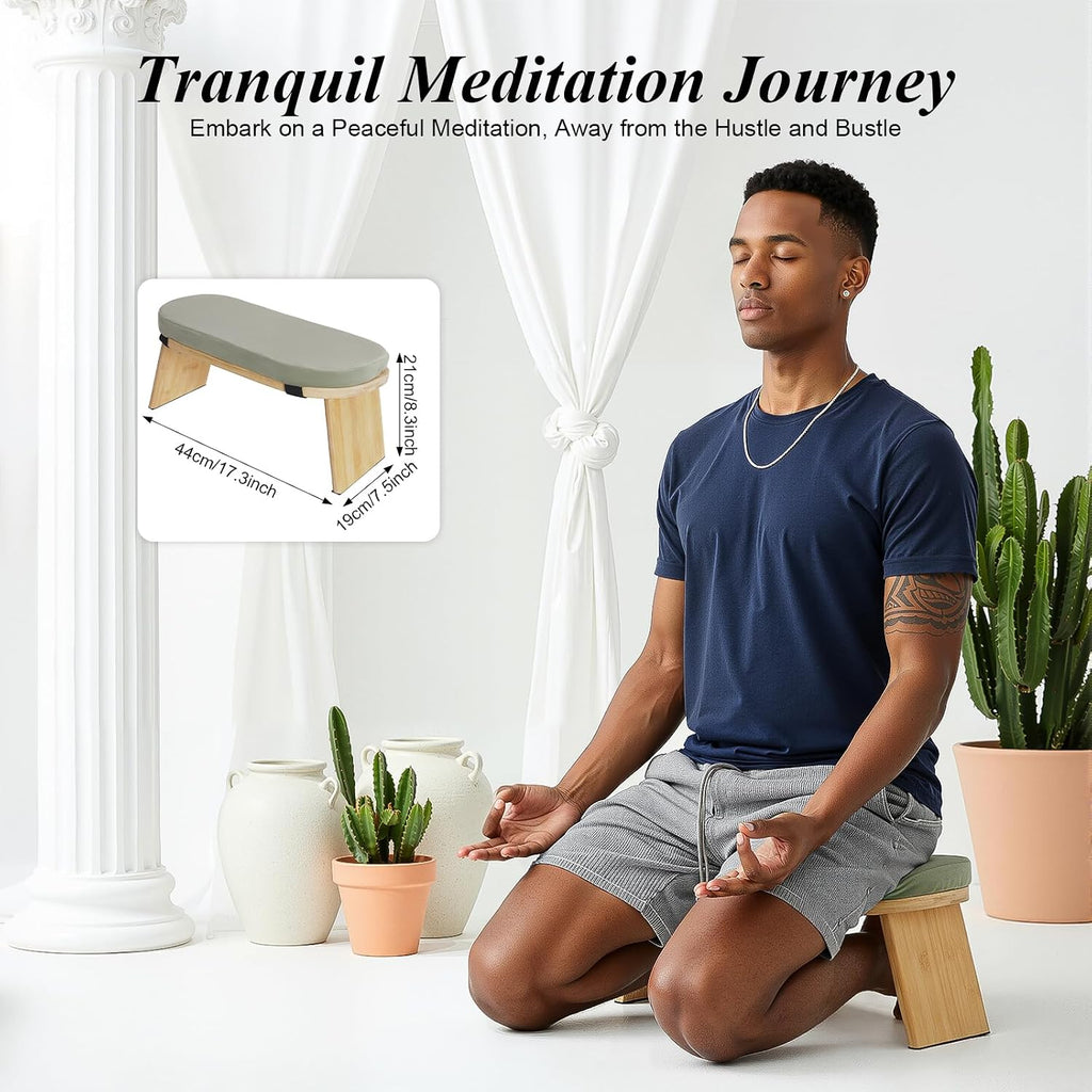 Meditation Stool Kneeling Chair with Cushion | Bamboo Yoga Bench for Seiza, Lotus & Folded-Leg | Ergonomic 5° Tilt, Anti-Slip, 396 Lbs Capacity, Wood & Green