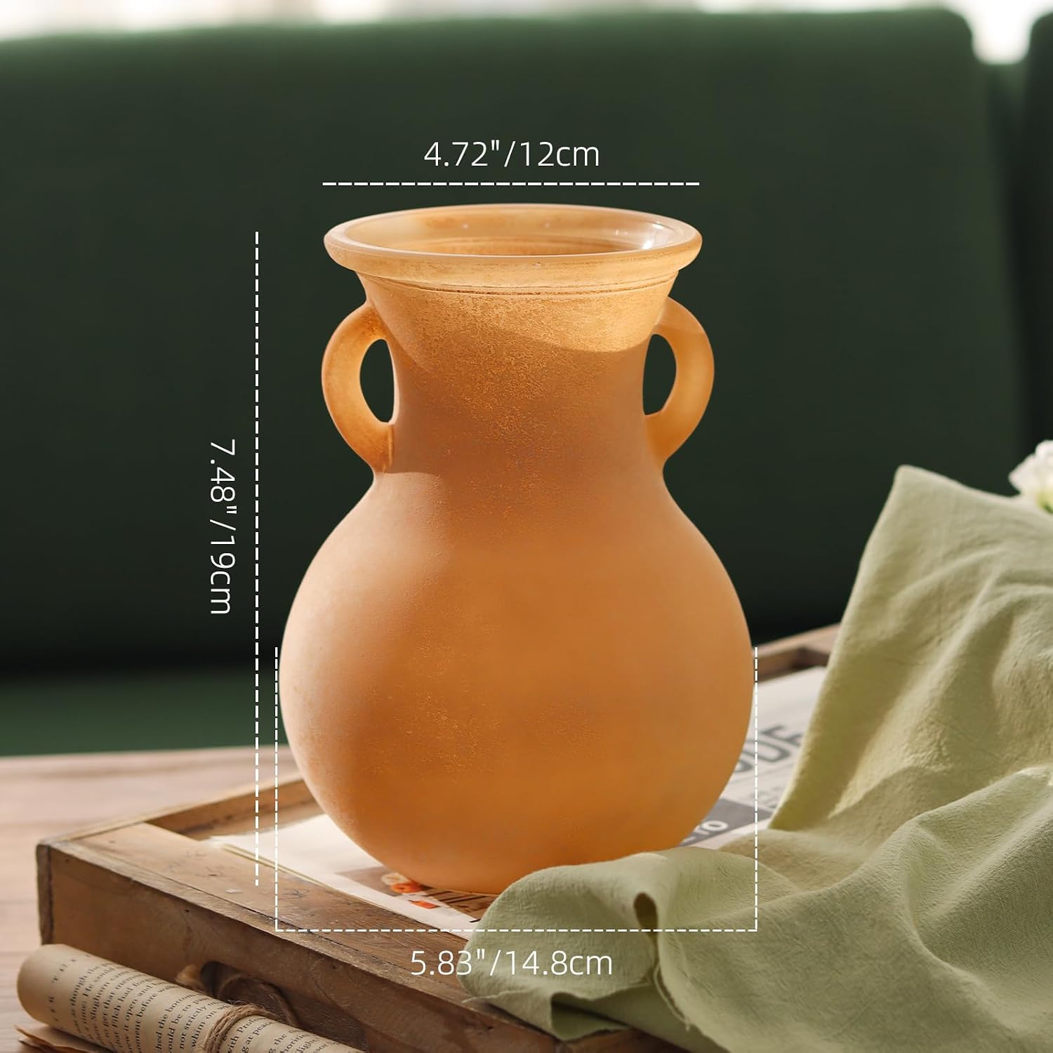 Brown Glass Vase with Handles - 7.5 Inch Rustic Terracotta Style Flower Vase, Vintage Decorative Round Bud Jar for Dried Flowers, Earthy Aesthetic Centerpiece for Modern Farmhouse & Boho Home Decor