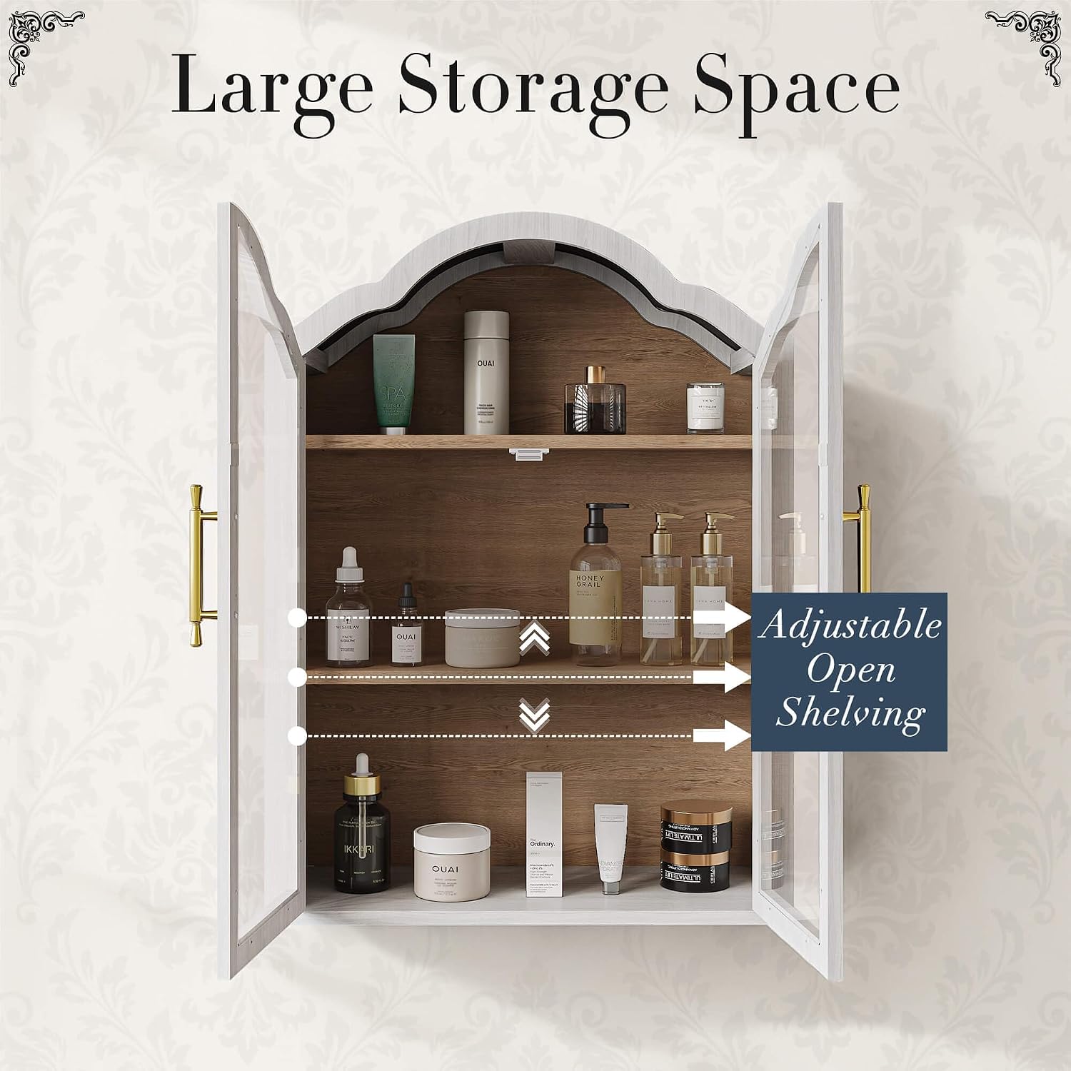FIMELLO 47.2’’W Wave Design Arched Wall Cabinet, Bathroom Cabinet with Glass Doors Adjustable Shelf, Above Toilet Cabinet, Kitchen Wall Cabinet, Wall Bookshelf, White Grain