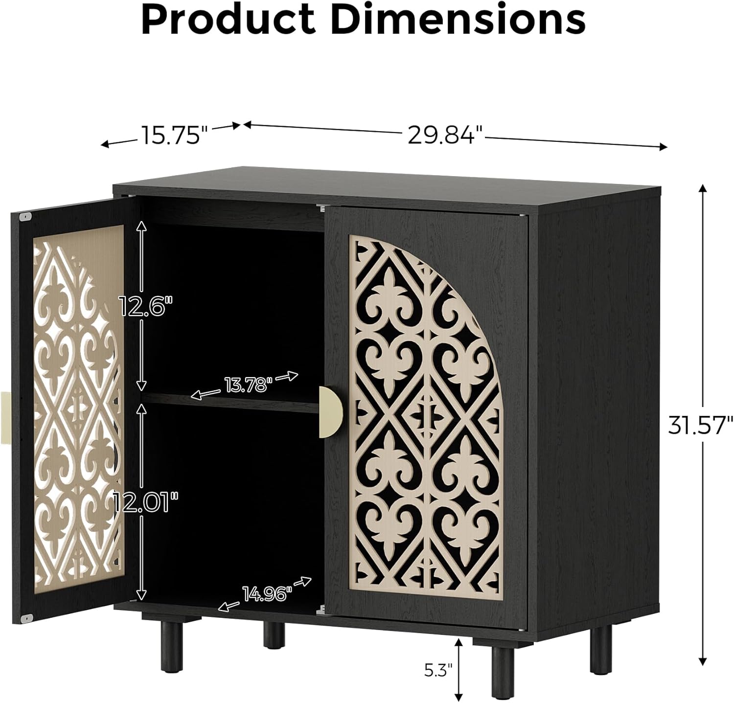 Decorative Storage Cabinet Sideboard with Hollow Carved Panels, 2 Doors, Natural Wood, 29.8 x 31.6 x 15.8 Inches. [Black, 1pc]