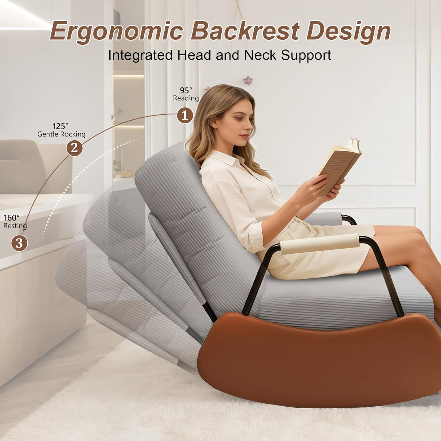 Rocking Chair Nursery, Comfortable Upholstered Recliner Rocker with Foot Rest, Side Pocket and Adjustable High Backrest, Soft Corduroy Modren Rocking Chair Living Room Bedroom, Grey