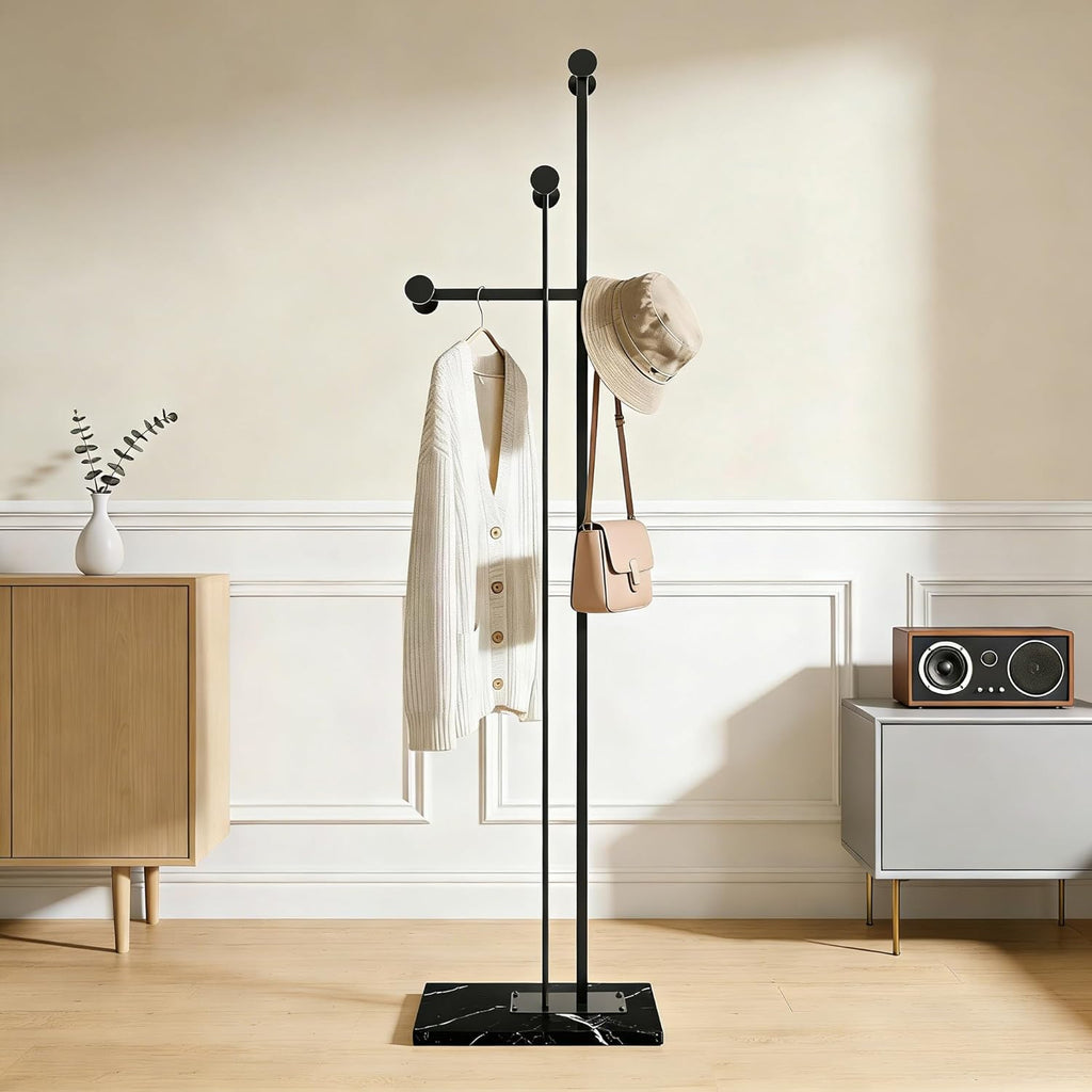 JIAYUEJU Heavy Duty Coat Rack Freestanding, Metal Coat Rack Stand with Marble Base, Corner Coat Tree for Entryway, Hallway, Bedroom, Office, Hotel (Black)