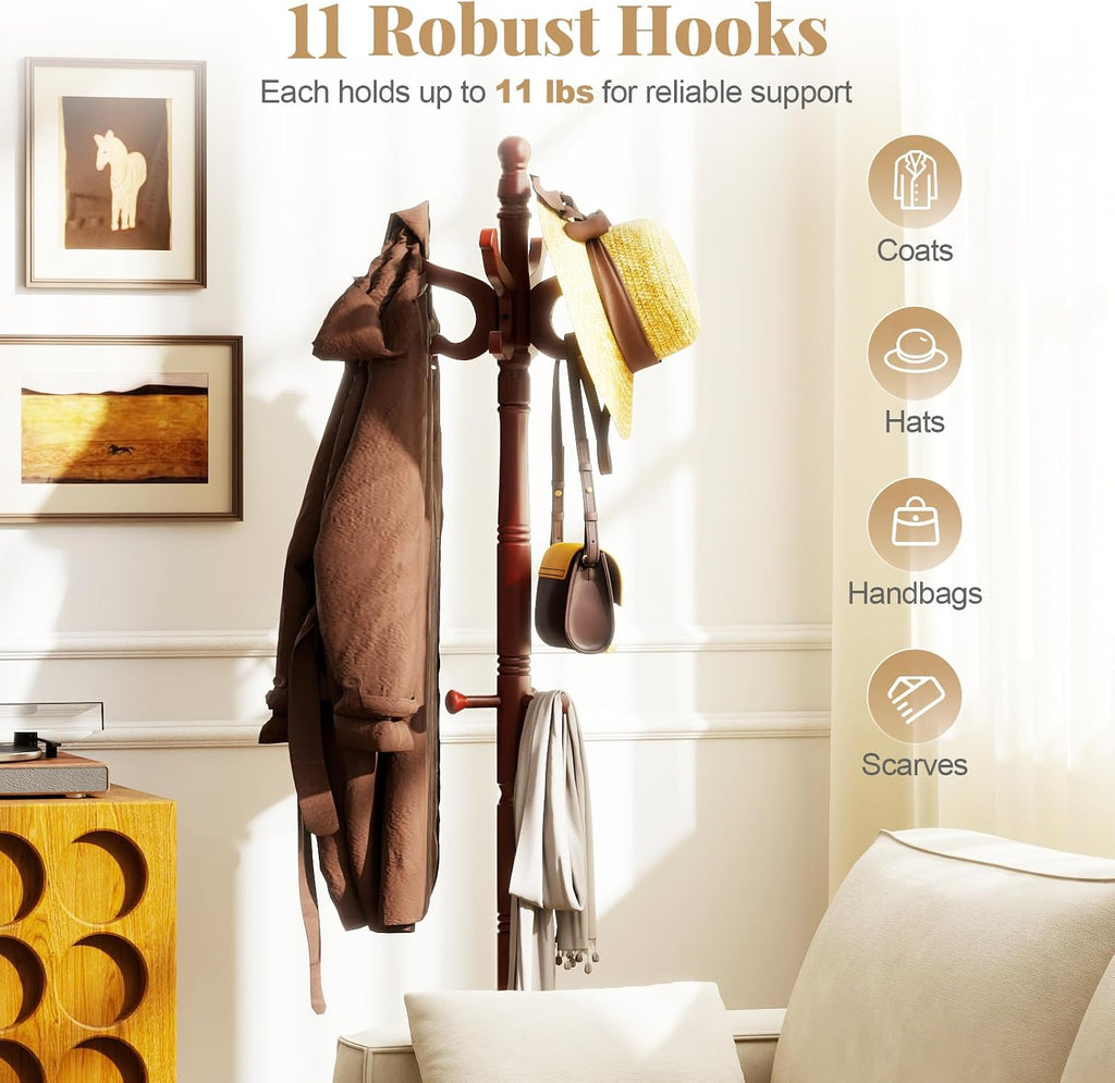 Tangkula Coat Rack Freestanding, Solid Rubber Wood Coat Tree with 11 Hooks and 3 Height Options for Coats, Hats, Bags, Purses, Clothes, Hanger Stand for Entryway Hallway Bedroom Office (Reddish Brown)
