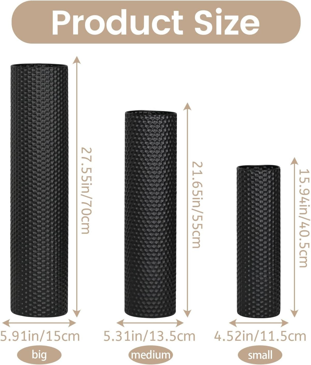 Dnnnii Tall Floor Vases Set of 3 - Black Metal Cylinder Vases for Living Room Corner, Modern Honeycomb Texture, Extra Large Standing Decor (Tallest 27.6in, Home Bedroom Dining Decor)